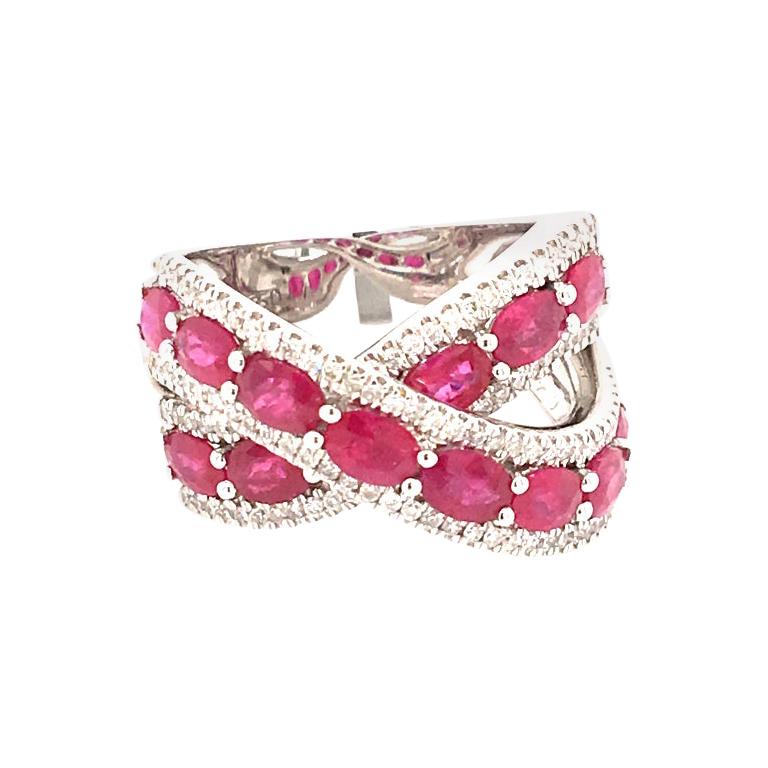 0.48 Diamonds and 2.88 Ruby Double Band Ring on White Gold Italy with box For Sale