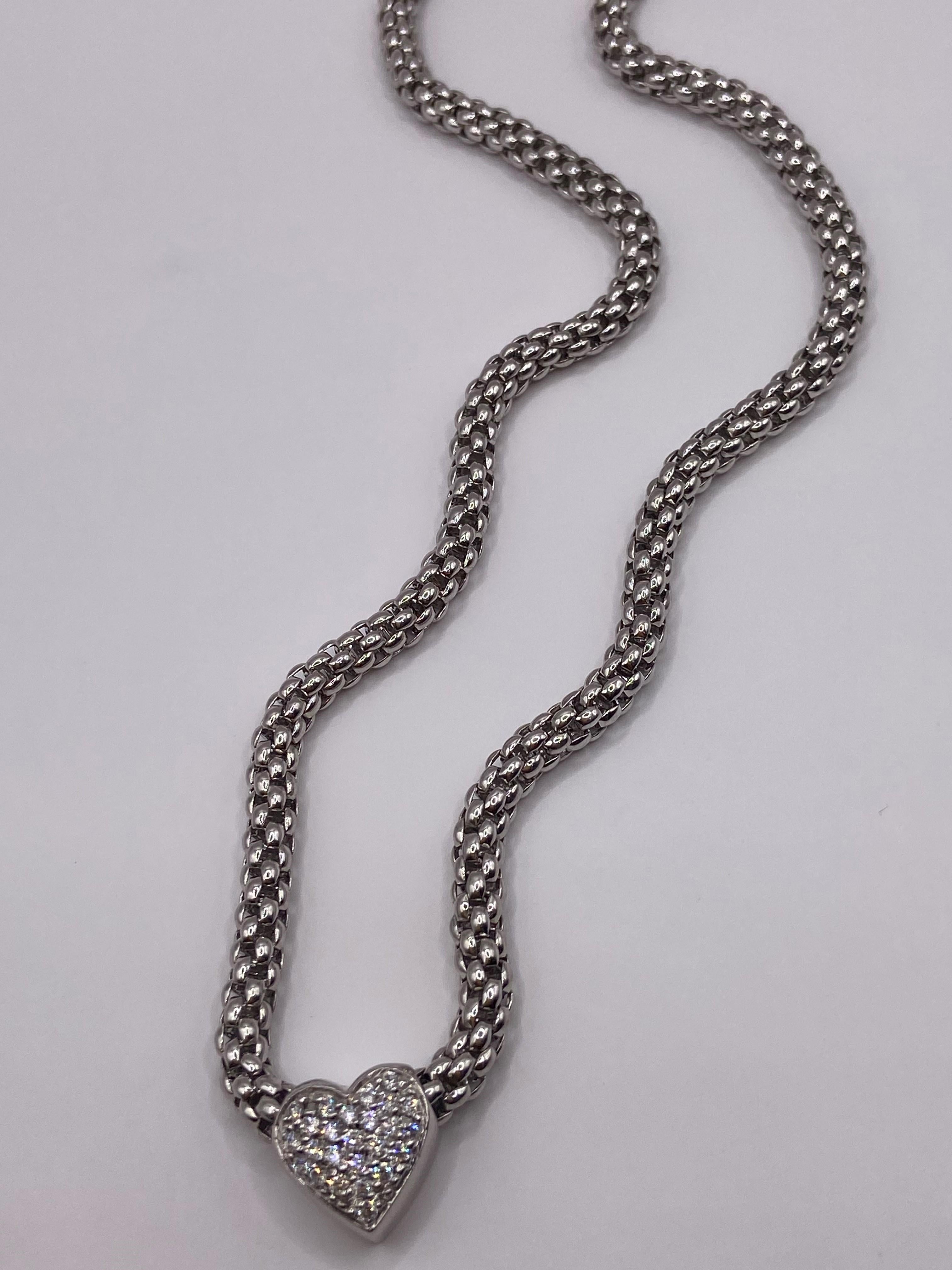 Modern 0.48ct Pave Diamond Heart Pendant & Rope Chain in 18KT White Gold For Sale