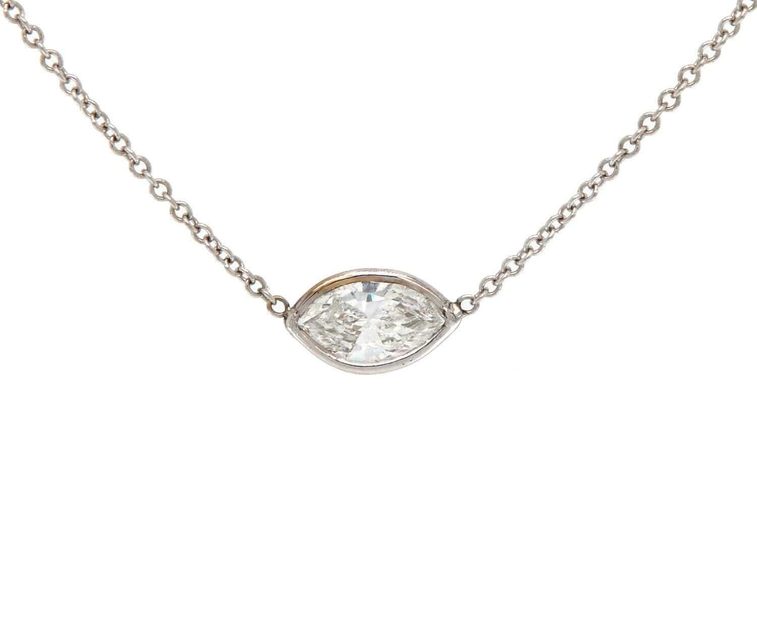 0.48ct Sideways Marquise Diamond Bezel Set Solitaire Pendant Necklace In 14K

Sideways Marquise Diamond Bezel Set Solitaire Pendant Necklace
14K White Gold
Marquette Diamond Carat Weight: 0.48ct
Clarity: SI2
Color: H
Necklace Width: Approx.1.0