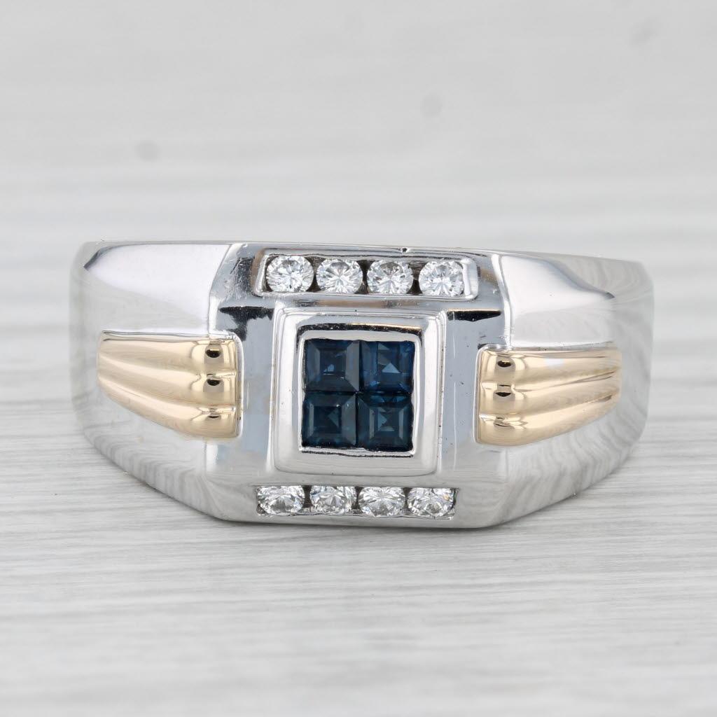 Square Cut 0.48ctw Blue Sapphire Diamond Ring 14k White Yellow Gold Men's For Sale