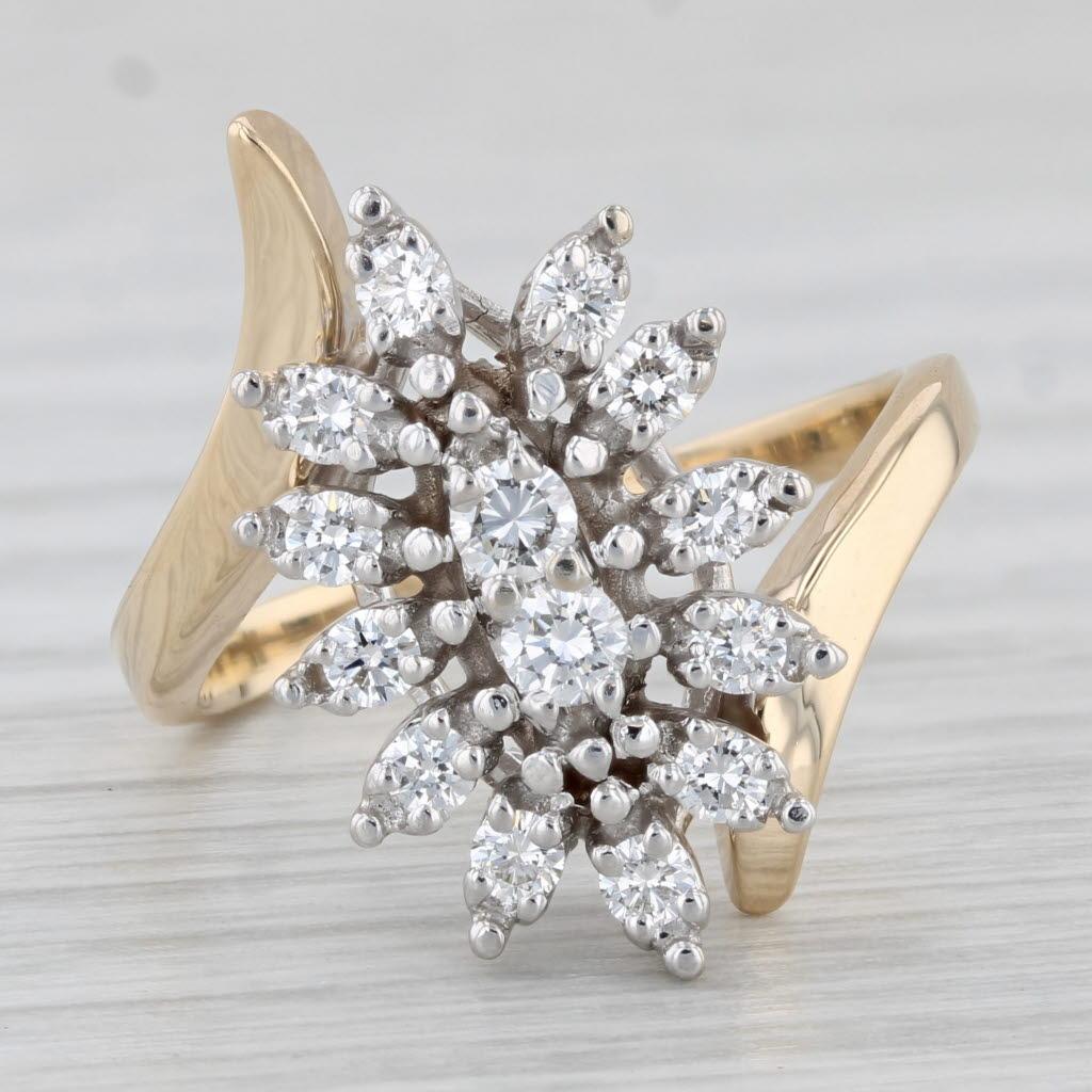 Women's or Men's 0.48ctw Vintage Cluster Diamond Ring 18k Gold Bypass Size 7 For Sale
