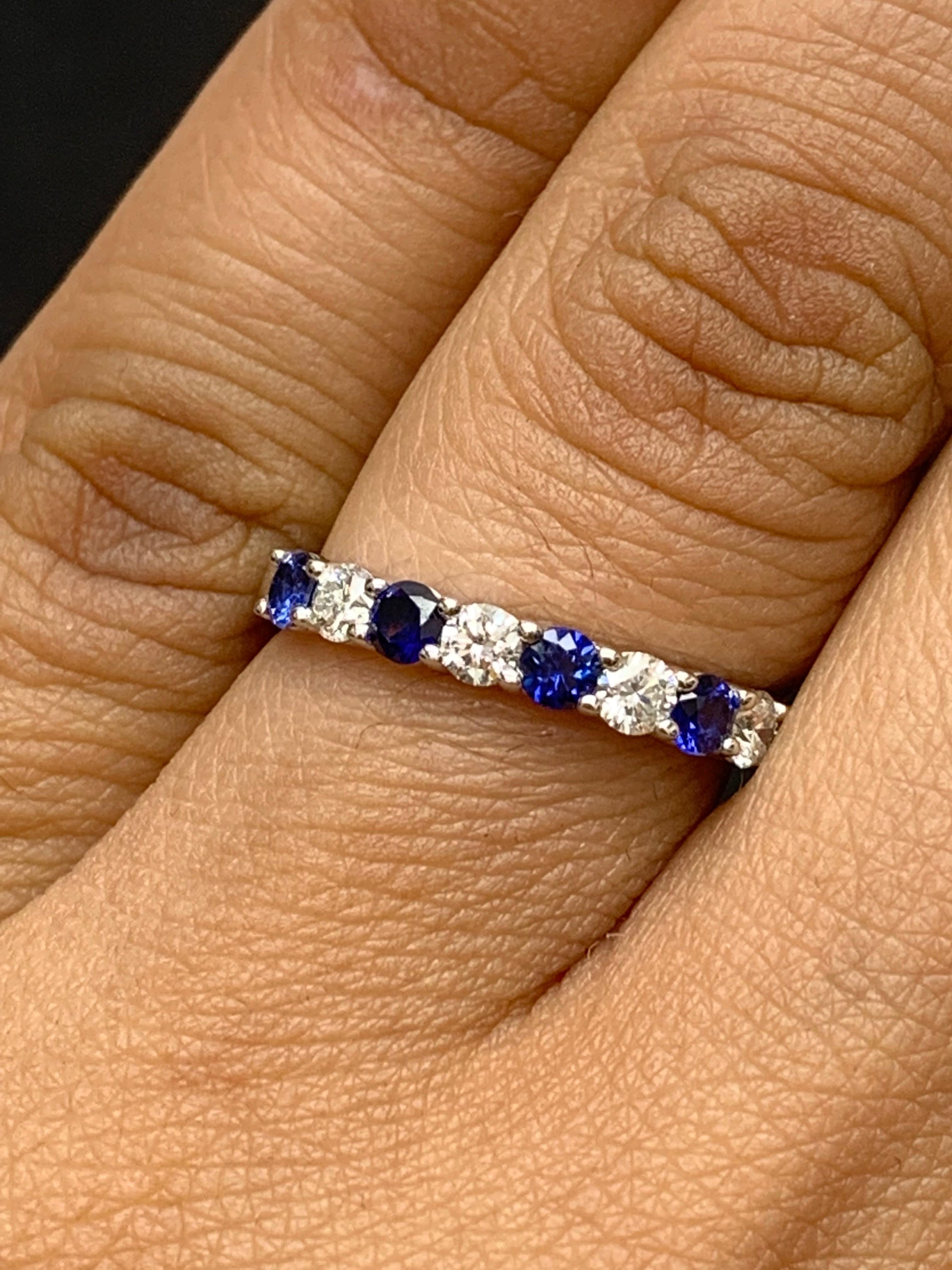 0.49 Carat Brilliant Cut Sapphire Diamond 9 Stone Wedding Band 14K White Gold In New Condition For Sale In NEW YORK, NY