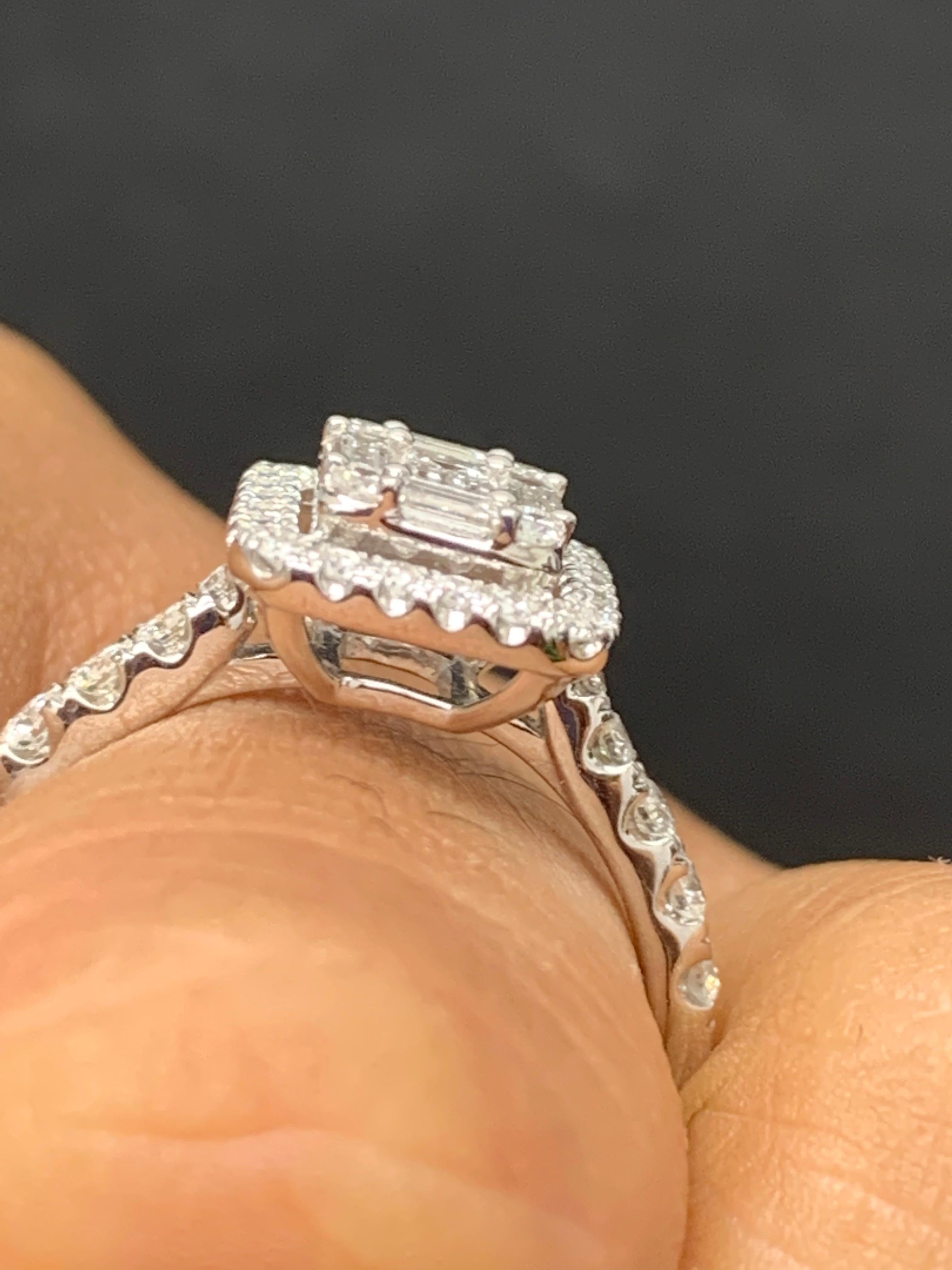 Baguette Cut 0.49 Carat Cluster Baguette Diamond Halo Engagement Ring in 18K White Gold For Sale