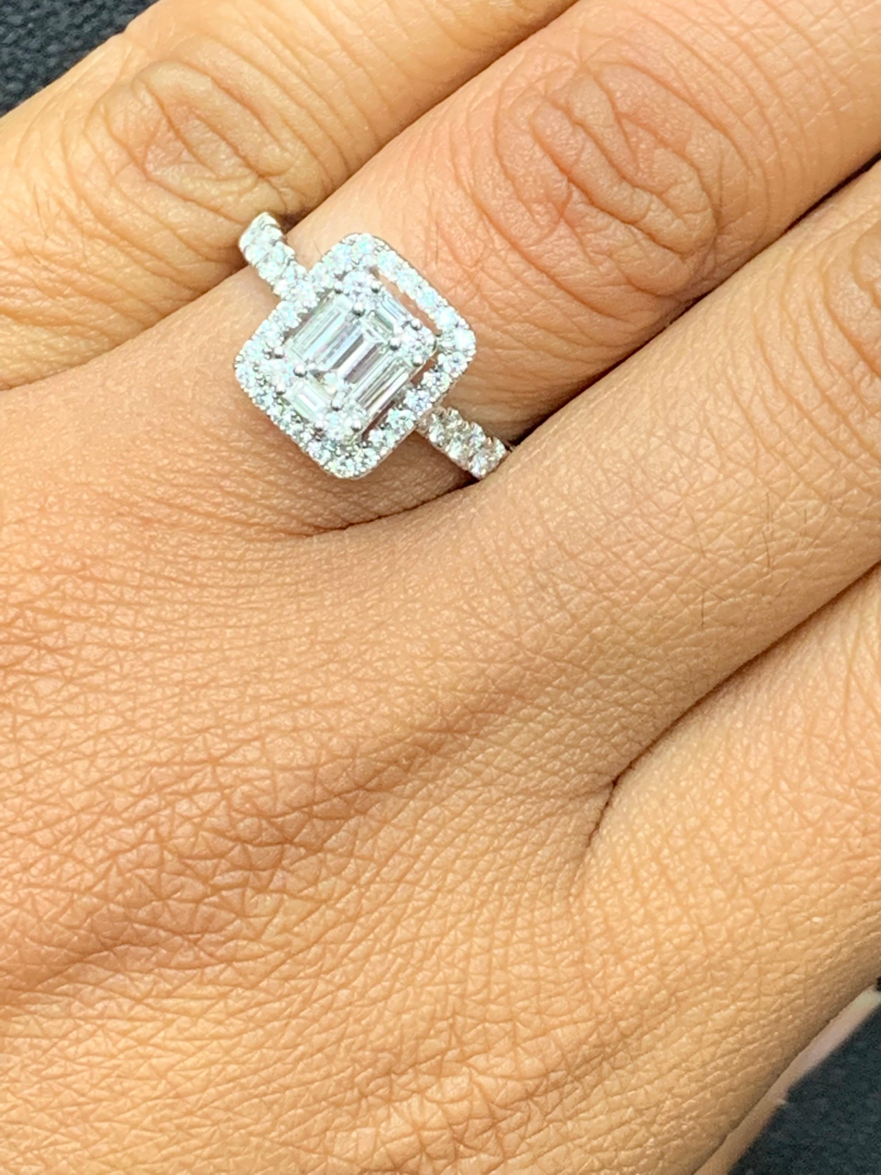 0.49 Carat Cluster Baguette Diamond Halo Engagement Ring in 18K White Gold In New Condition For Sale In NEW YORK, NY