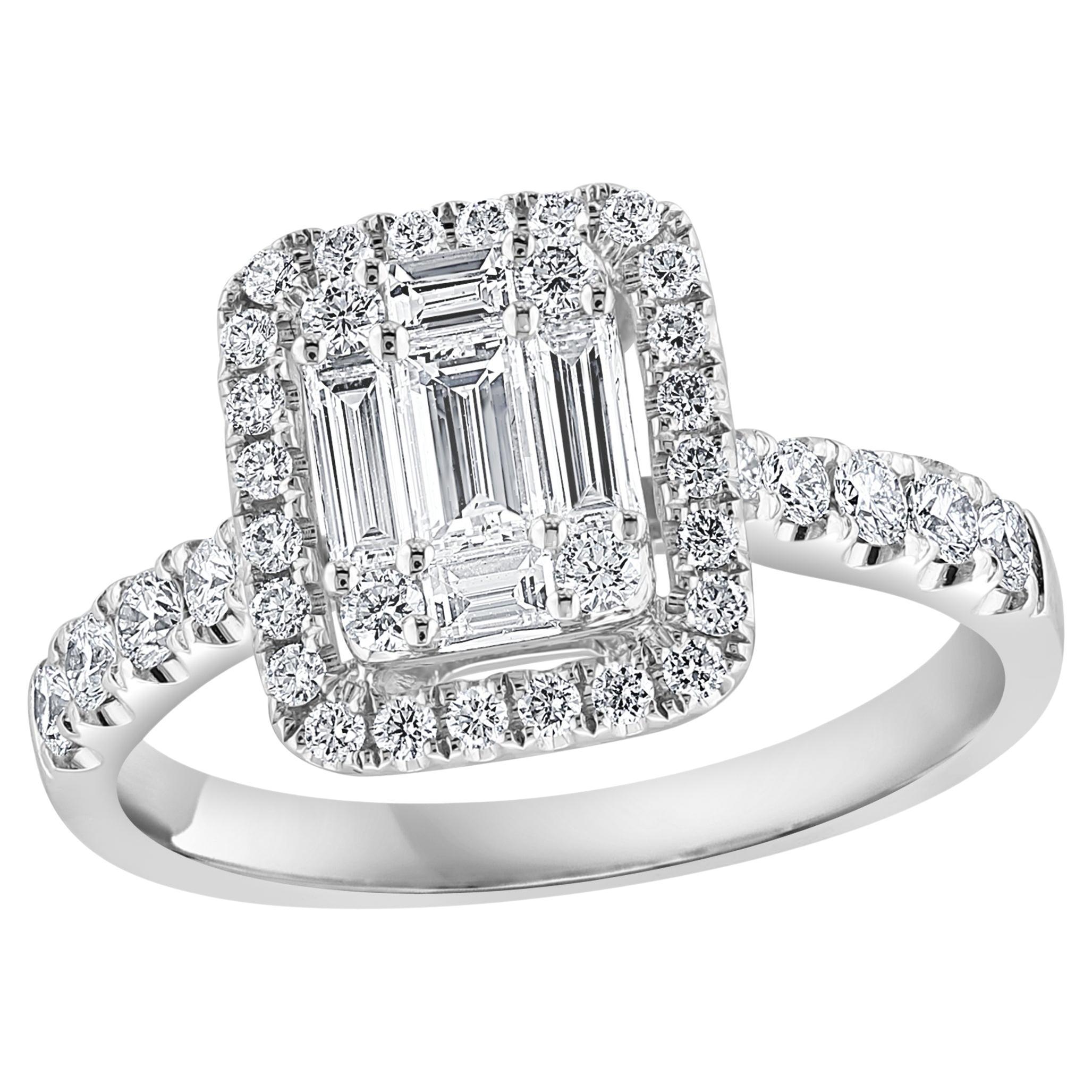 0.49 Carat Cluster Baguette Diamond Halo Engagement Ring in 18K White Gold For Sale