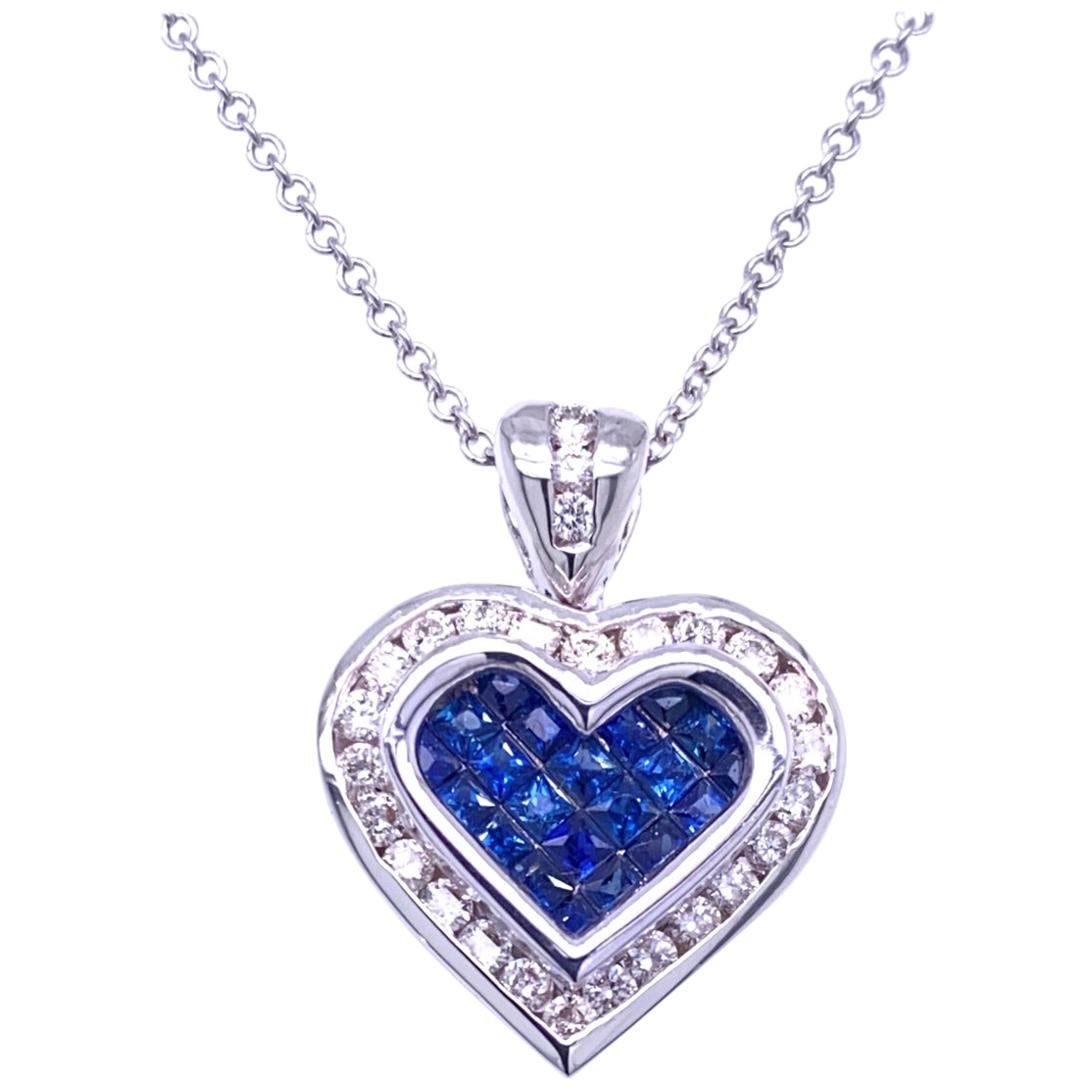 0.49 Carat Diamond/0.79 Carat Blue Sapphire 18K Gold Hearts Pendant Necklace