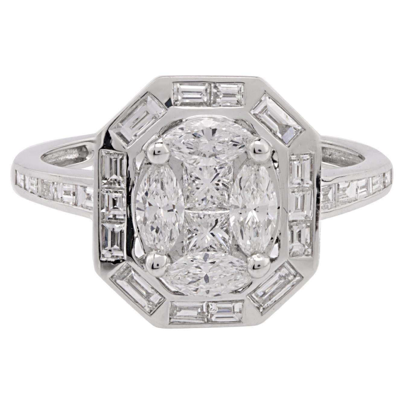 0.49 Carat marquise cut with 0.19 Carat princess cut and baguettes 18 Karat Gold For Sale