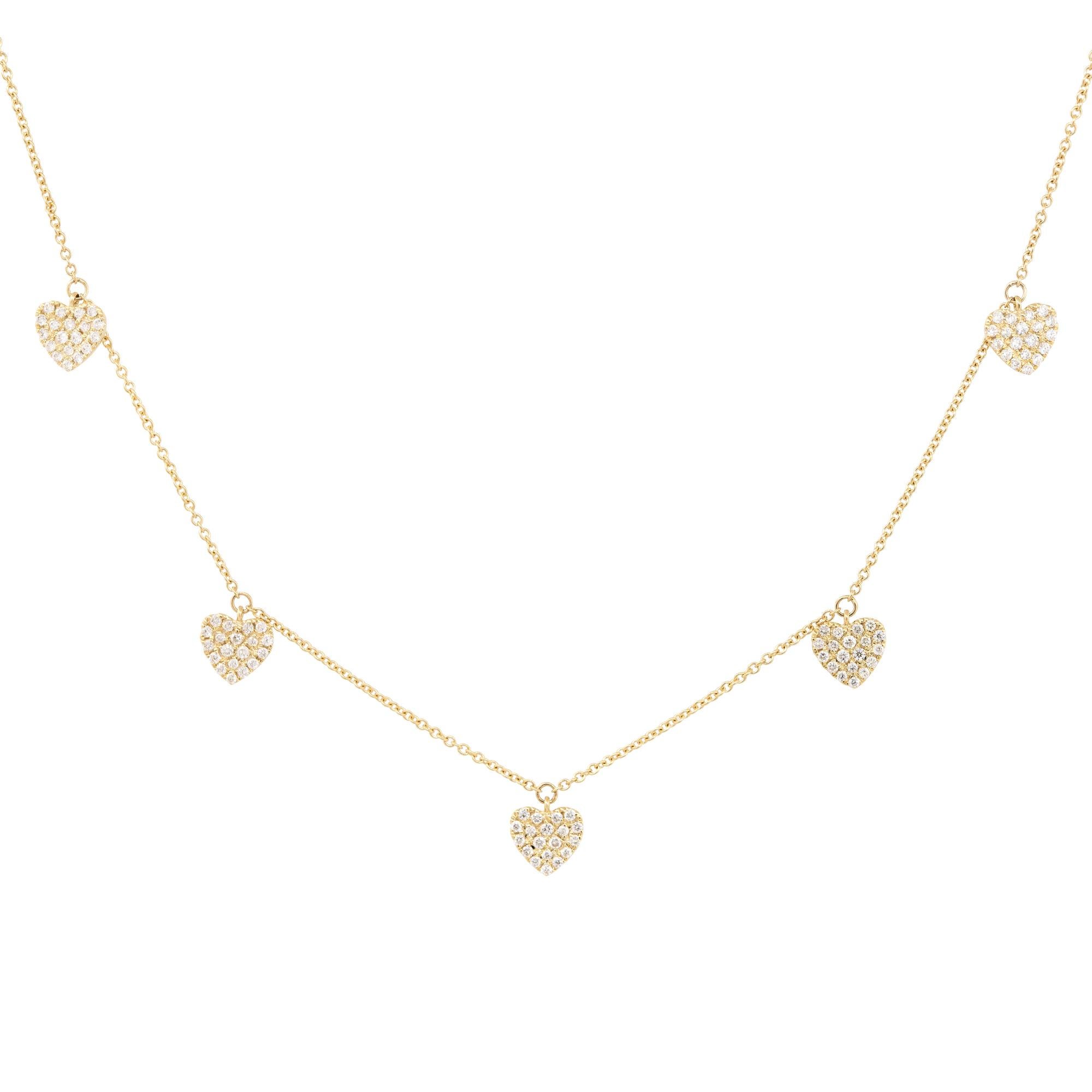 Round Cut 0.49 Carat Pave Diamond Heart 5 Station Necklace 14 Karat in Stock For Sale