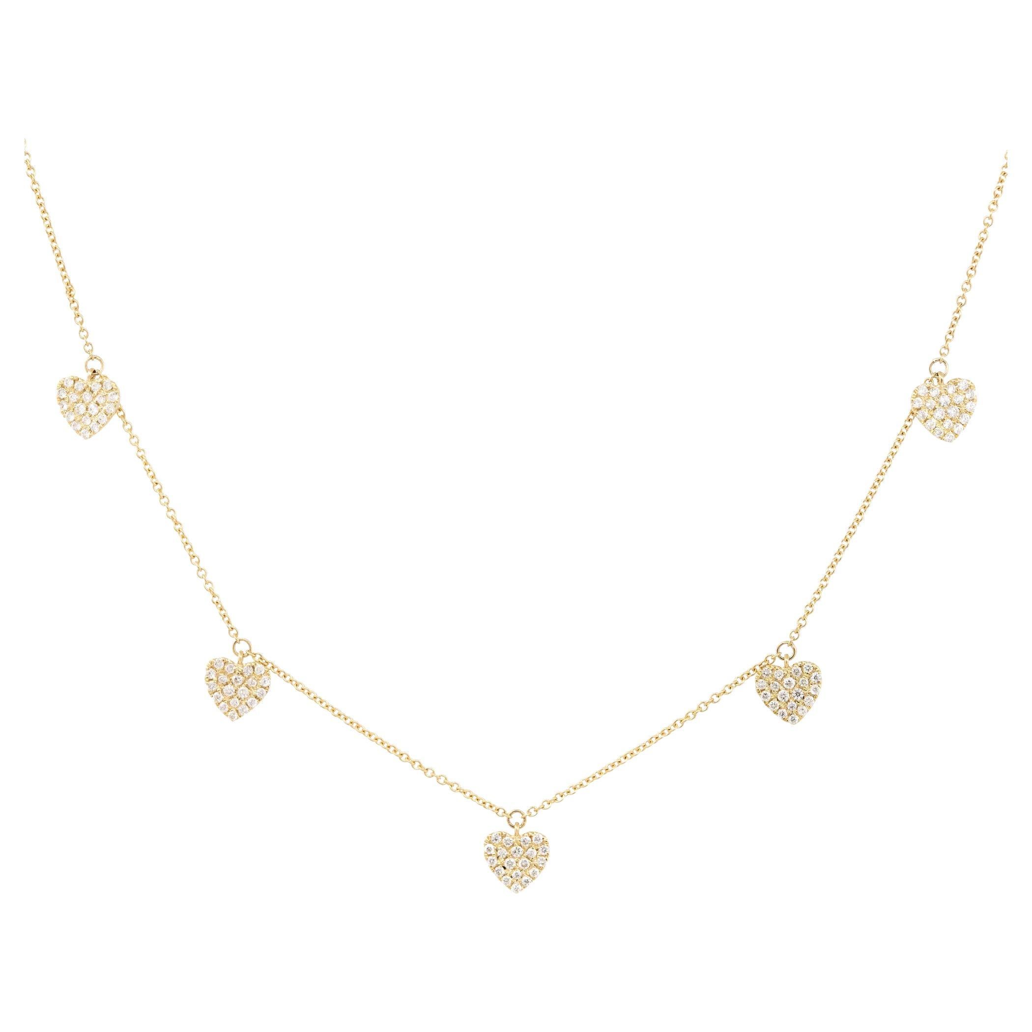 0.49 Carat Diamond Pave Heart 5 Station Necklace 14 Karat In Stock