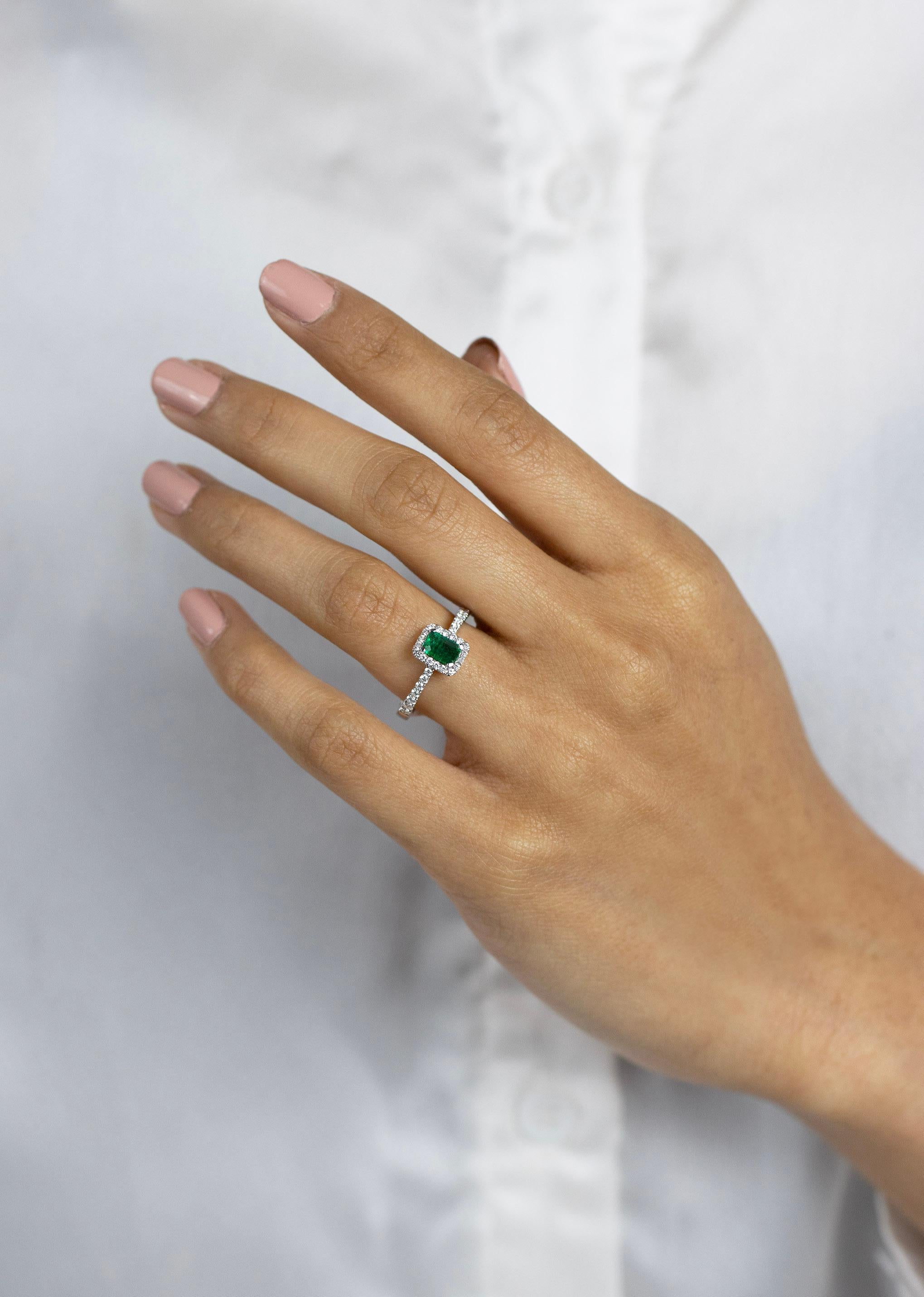 0.49 Carats Total Emerald Cut Green Emerald & Diamond Halo Engagement Ring For Sale 1