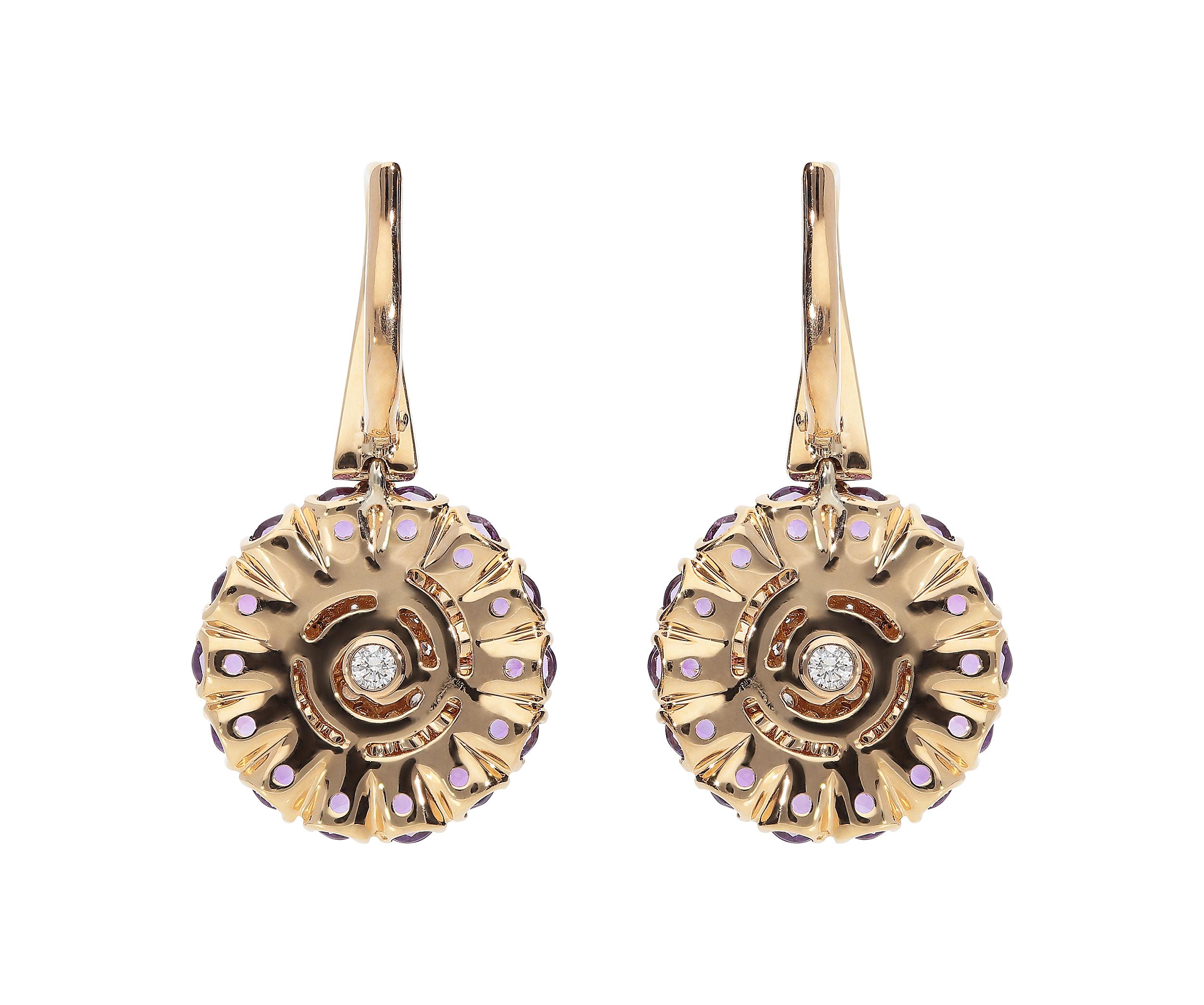 Round Cut 0.49 White GSI 0.55 Brown Diamonds 1.48 Amethyst 18kt Pink Gold Dangle Earrings For Sale