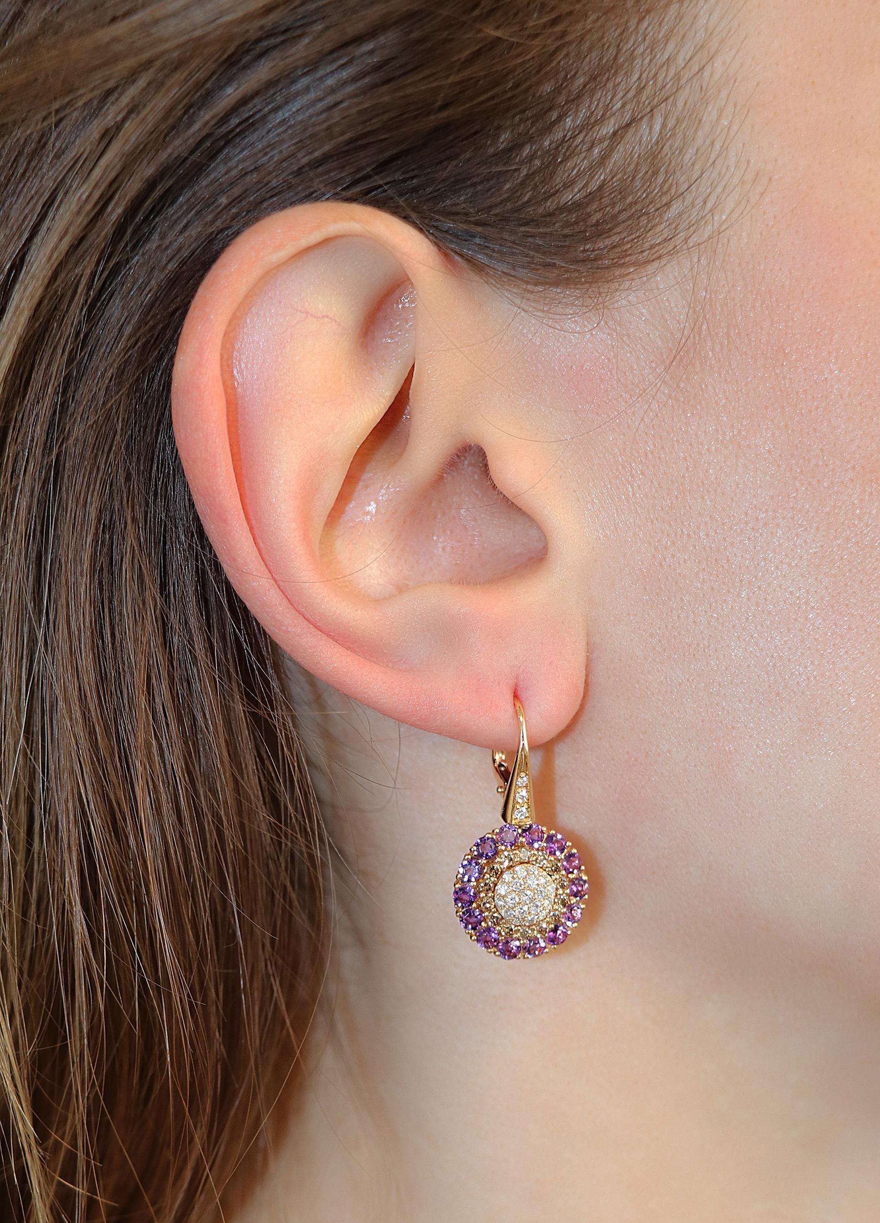 0.49 White GSI 0.55 Brown Diamonds 1.48 Amethyst 18kt Pink Gold Dangle Earrings In New Condition For Sale In Valenza, IT