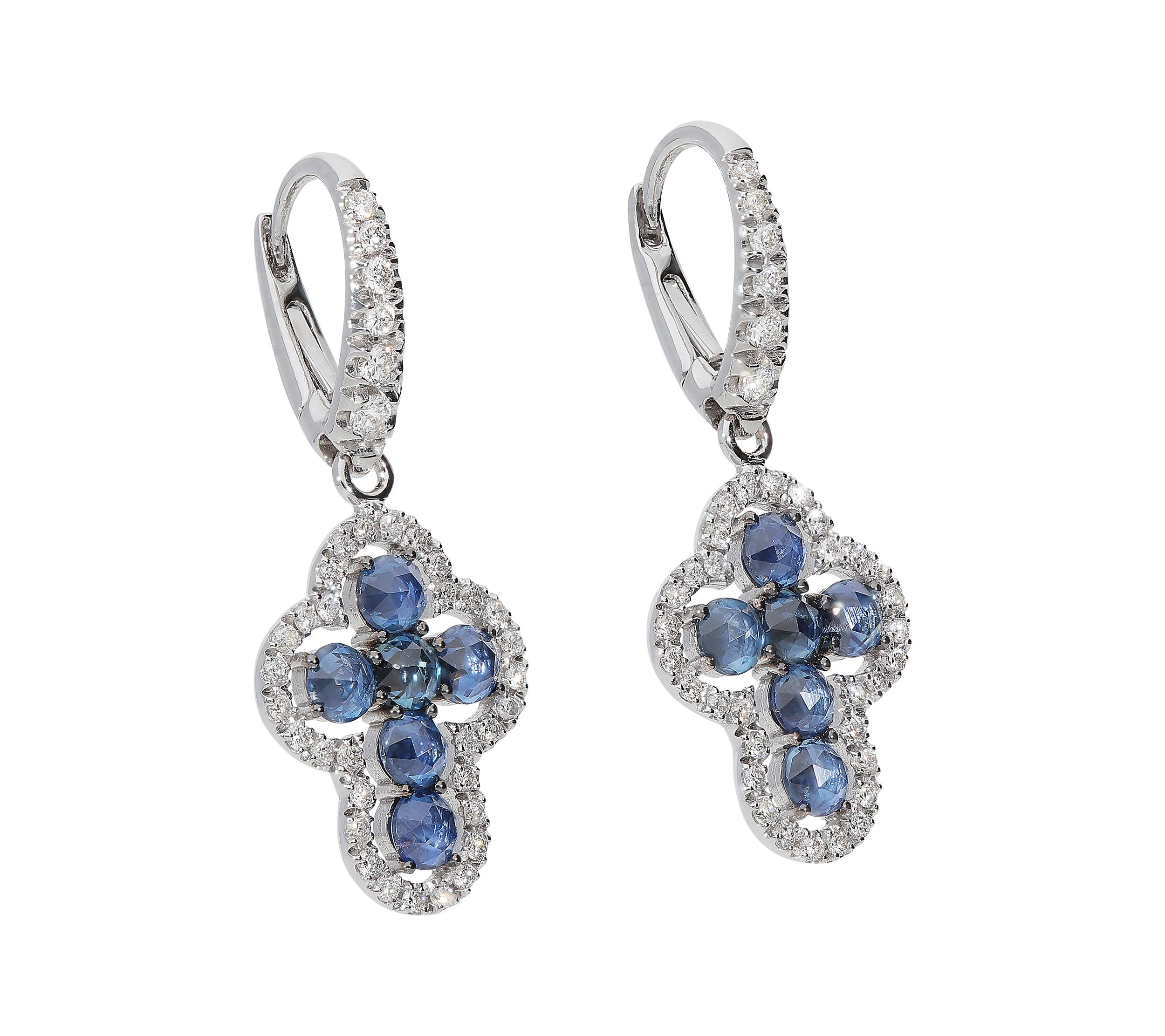 Modern 0.49 White GVS Diamonds 1.58 Rose Cut Blue Sapphires 18Kt Cross Dangle Earrings For Sale