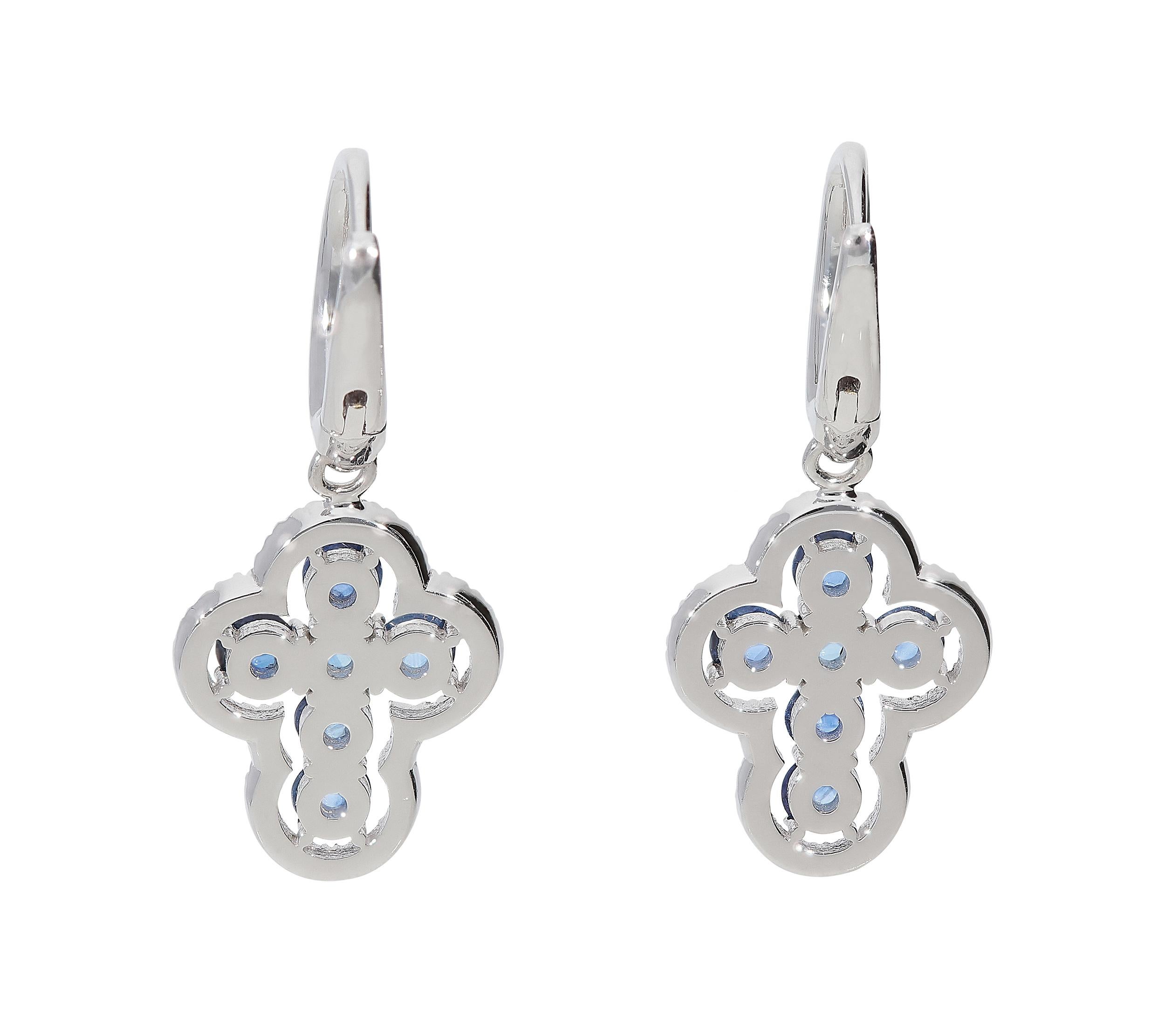 Round Cut 0.49 White GVS Diamonds 1.58 Rose Cut Blue Sapphires 18Kt Cross Dangle Earrings For Sale