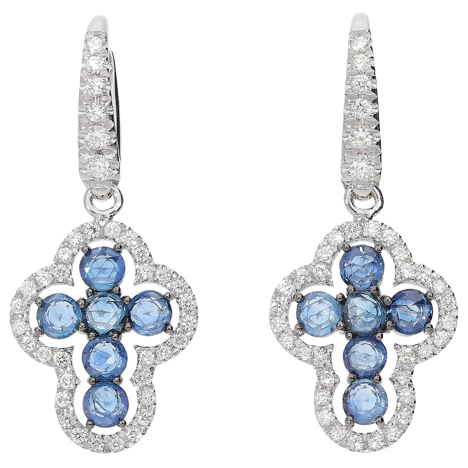 0.49 White GVS Diamonds 1.58 Rose Cut Blue Sapphires 18Kt Cross Dangle Earrings For Sale
