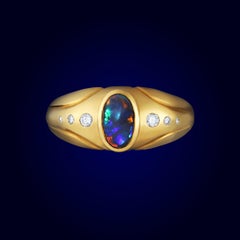 0.49ct Australian Black Opal, Diamond & 18K Yellow Gold Ring