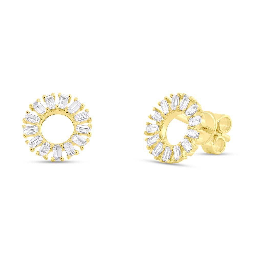0.49ct Baguette Cut Diamond Halo Stud Earrings in 14k Yellow Gold For Sale