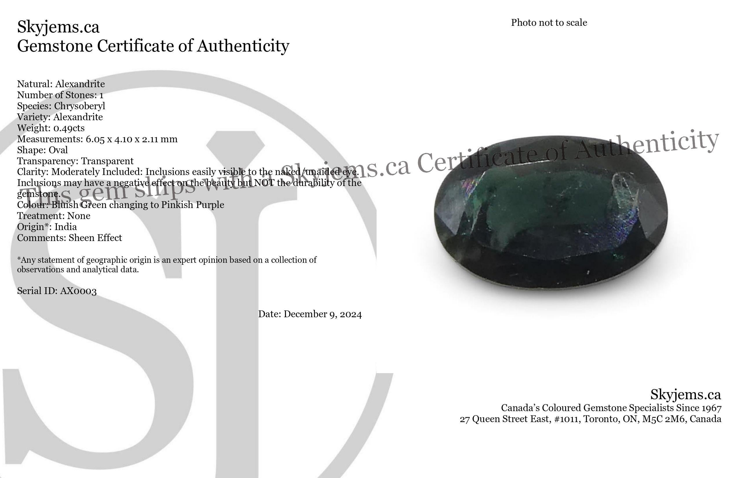 Description:

Gem Type: Alexandrite 
Number of Stones: 1
Weight: 0.49 cts
Measurements: 6.05 x 4.10 x 2.11 mm
Shape: Oval
Cutting Style Crown: Brilliant Cut
Cutting Style Pavilion: Step Cut 
Transparency: Transparent
Clarity: Moderately