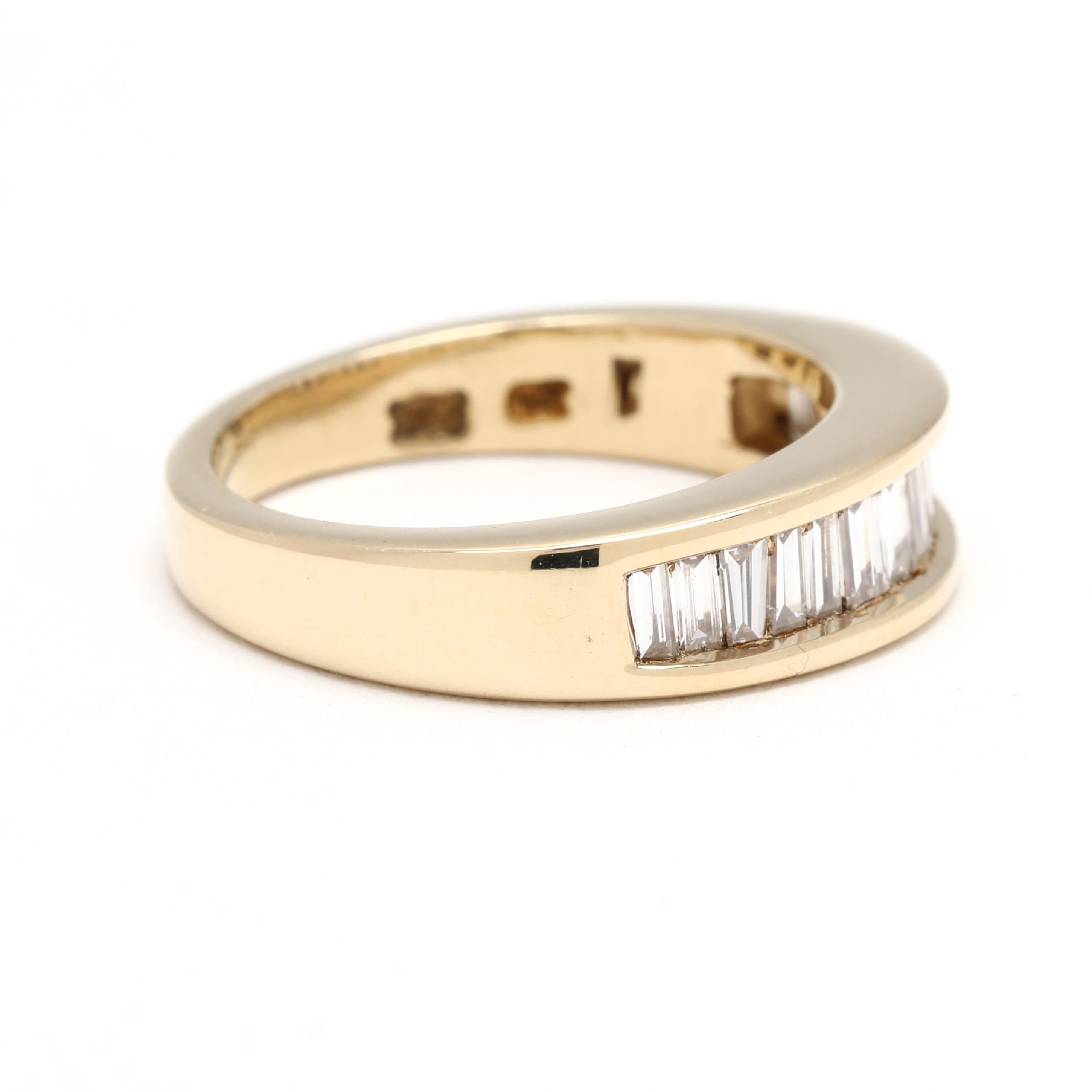 Stones:
diamond, 15 stones
tapered baguette
2.5 x 1.25 mm - 3 x 1.5 mm
approximately .49 total carats
FG color/ VS2-SI1 clarity

Ring Size 4

Rise Off Of Finger: 3.1 mm

Width: 4.9 mm

Weight: 2.6 dwts. / 4.1 grams

Stamps: 