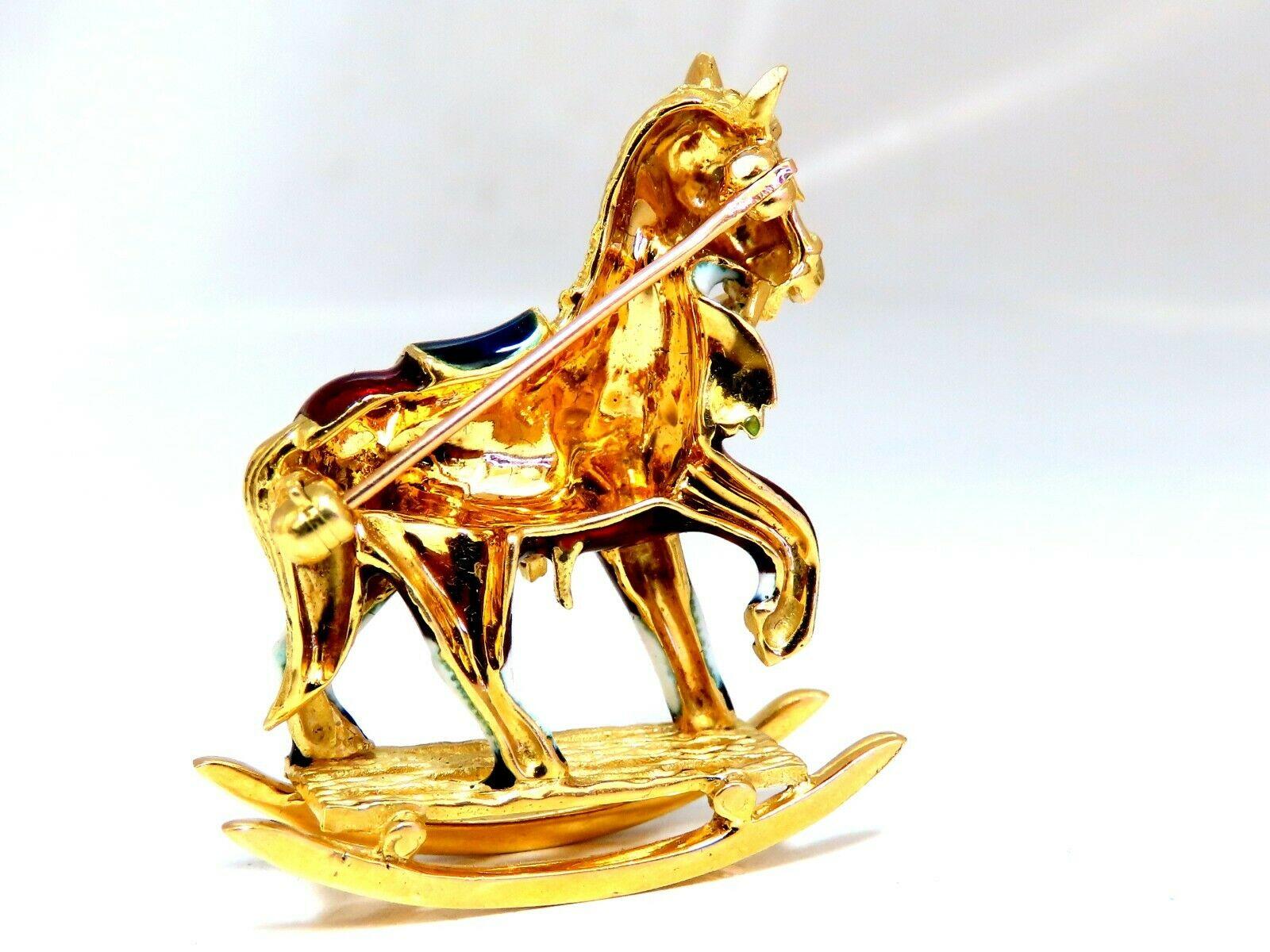 Intricate Enamel Rocking Horse Pin

.04ct. Natural Round diamond single cut within eye.

18kt yellow gold 

15.4 grams.

Overall: 1.2 x 1.1 inch

.38 inch wide.

Excellent made 

Gorgeous Details