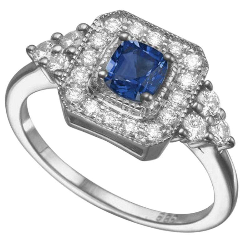 0.5 Carat 14 Karat White Gold Cushion Sapphire Art Deco Style Engagement Ring