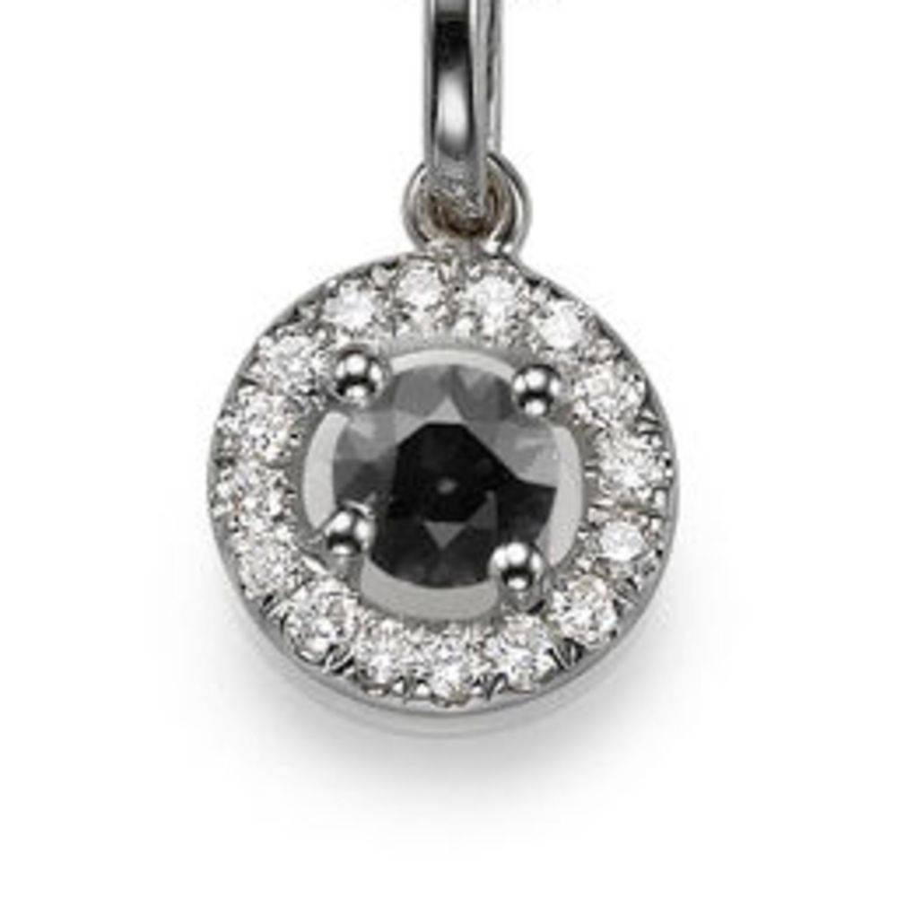 A handmade Black Diamond pendant necklace made of 14K White Gold set with a Round cut Black Diamond of 0.35 carat accented by 15 natural round diamonds. The center stone of this beautiful pendant necklace is of excellent cut, and Black color. The