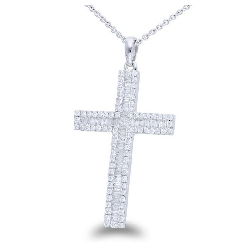 Diamond Carat Weight: This captivating cross pendant boasts a total of 0.5 carats of diamonds. The design includes 80 round-cut diamonds skillfully set in secure prong settings, 47 baguette-cut diamonds arranged in an elegant channel setting, and a