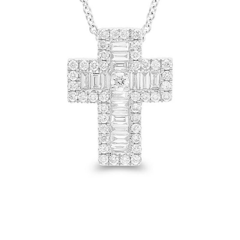    Diamond Carat Weight: This stunning cross pendant boasts a total of 0.5 carats of diamonds. The design features a combination of 42 round-cut diamonds and 16 baguette-cut diamonds, creating a harmonious blend of shapes and brilliance.

    Gold
