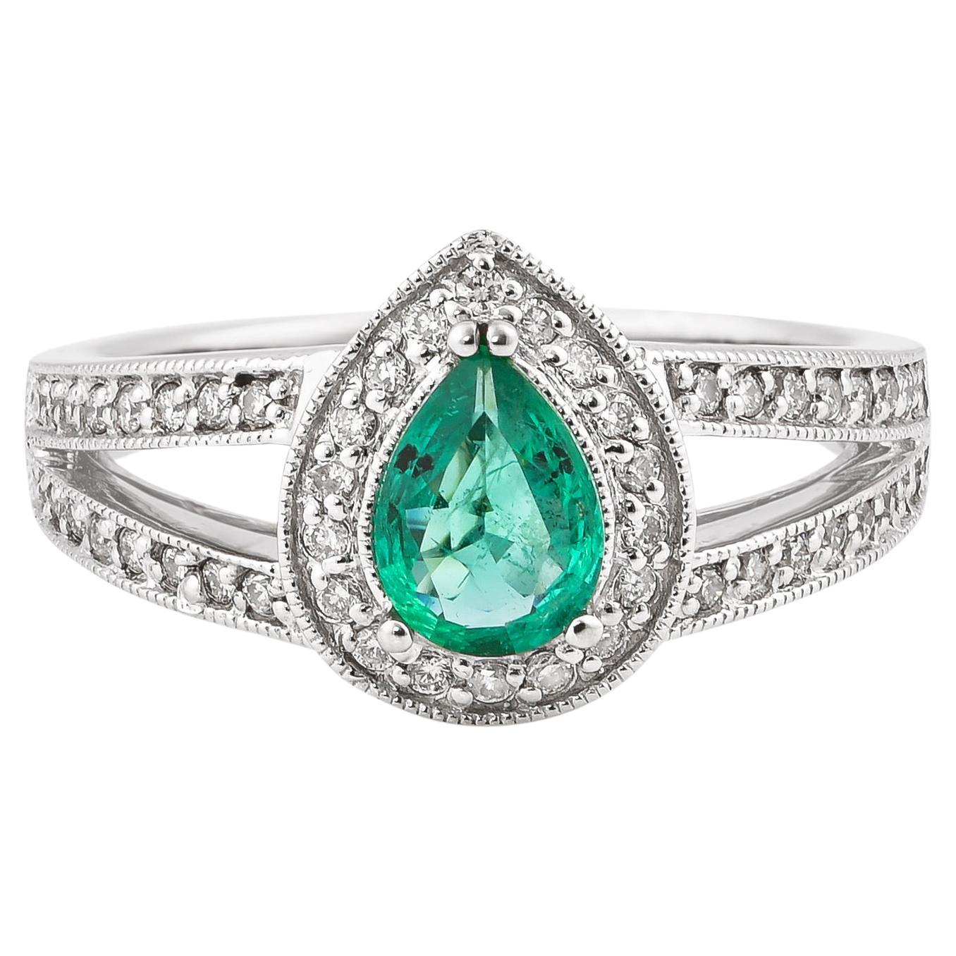 0.5 Carat Emerald and White Diamond Ring in 14 Karat White Gold For Sale