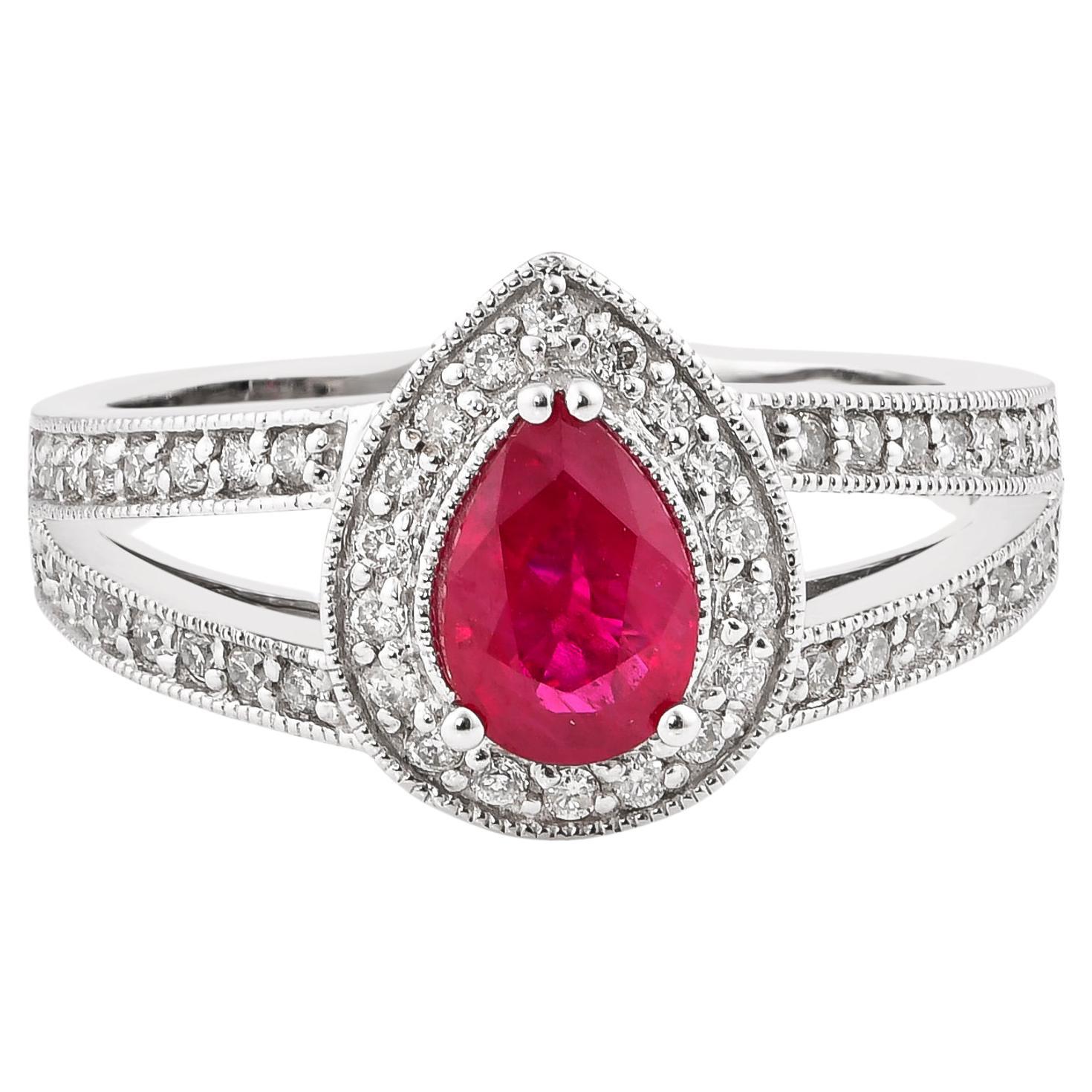 0.5 Carat Ruby and White Diamond Ring in 14 Karat White Gold For Sale