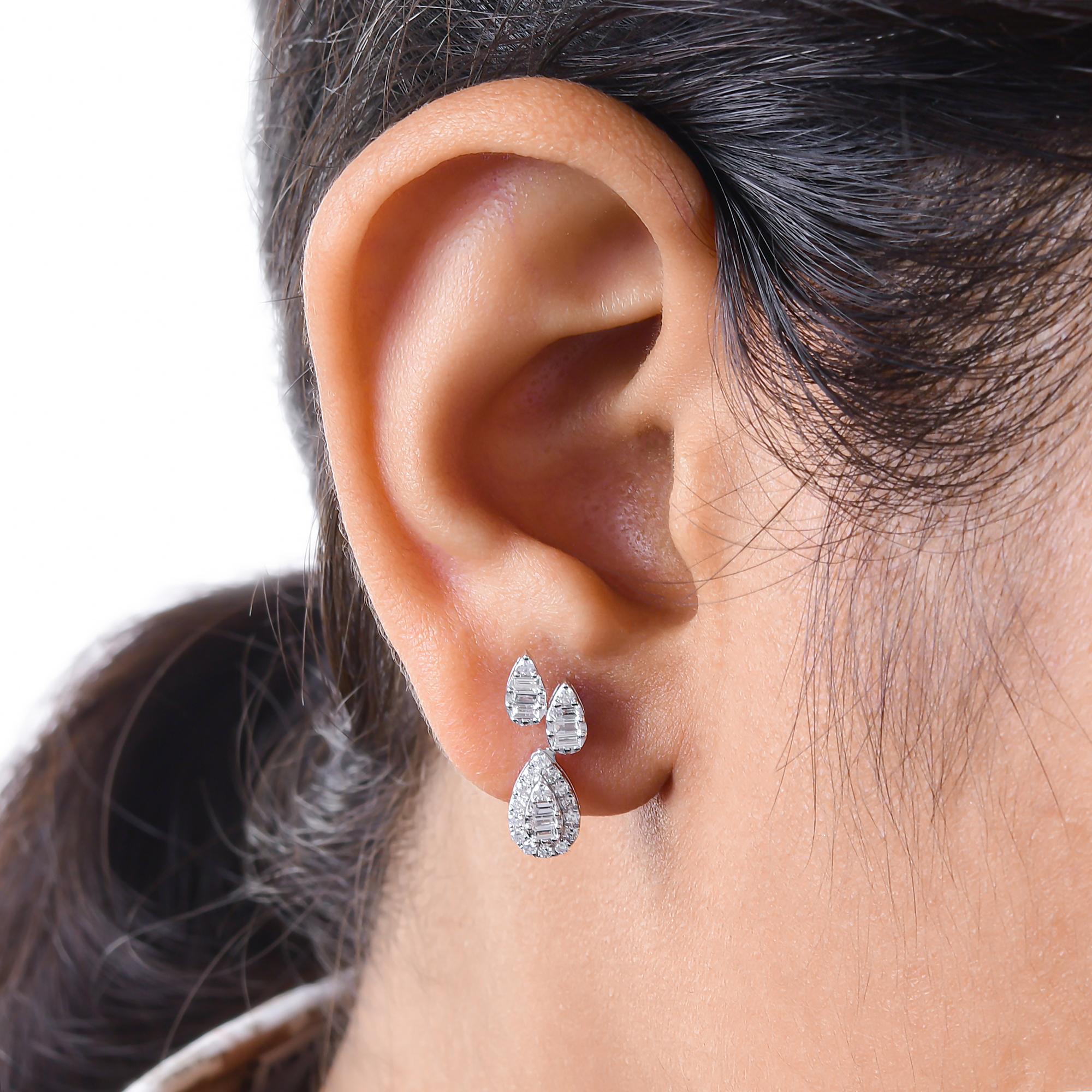 Modern 0.5 Carat SI/H Baguette Round Brilliant Cut Diamond Earrings 10 Karat White Gold For Sale