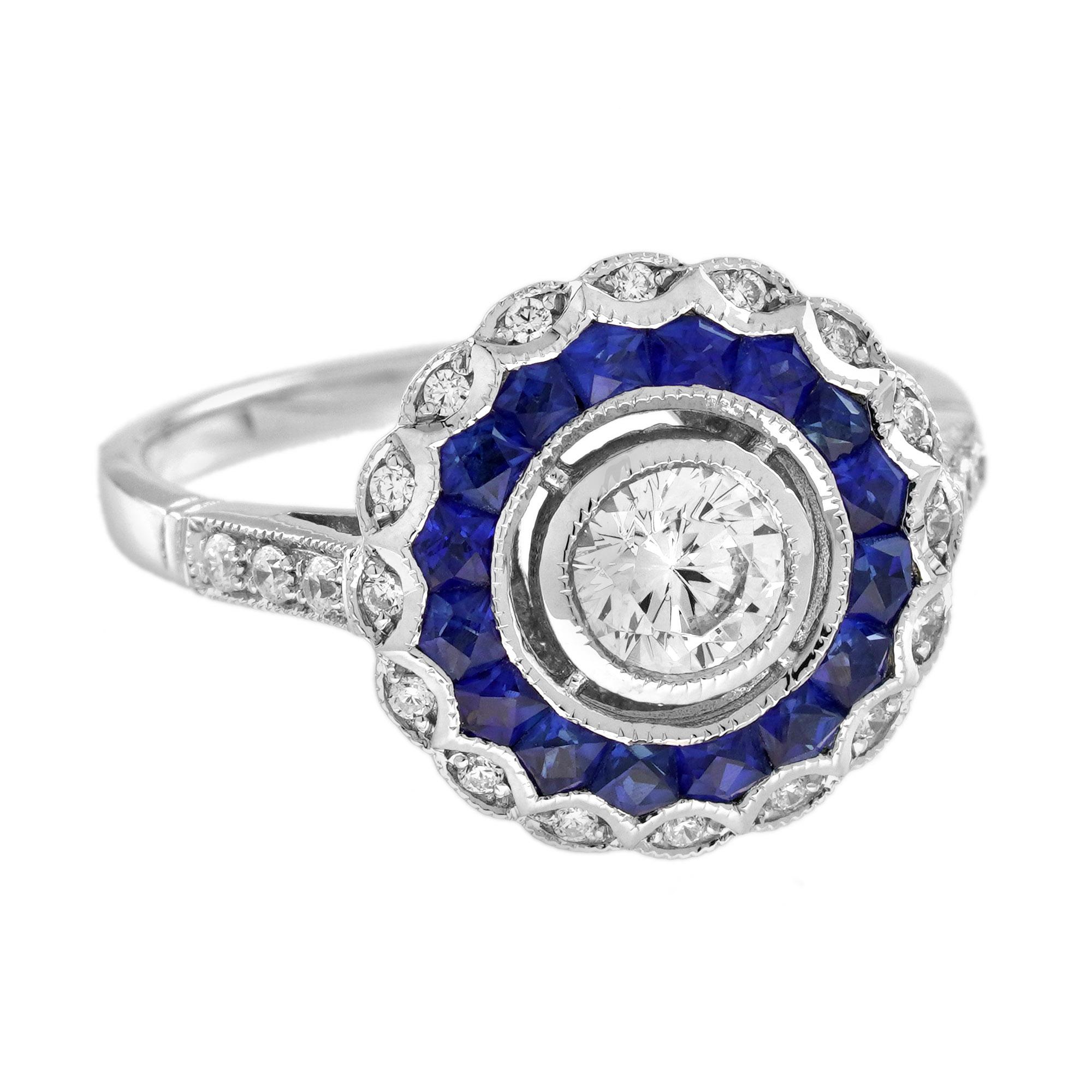 Round Cut 0.5 Ct Diamond Blue Sapphire Art Deco Style Engagement Ring in 18K White Gold For Sale