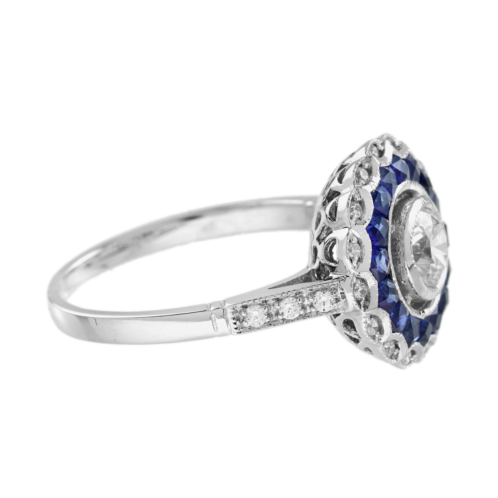 0.5 Ct Diamond Blue Sapphire Art Deco Style Engagement Ring in 18K White Gold In New Condition For Sale In Bangkok, TH