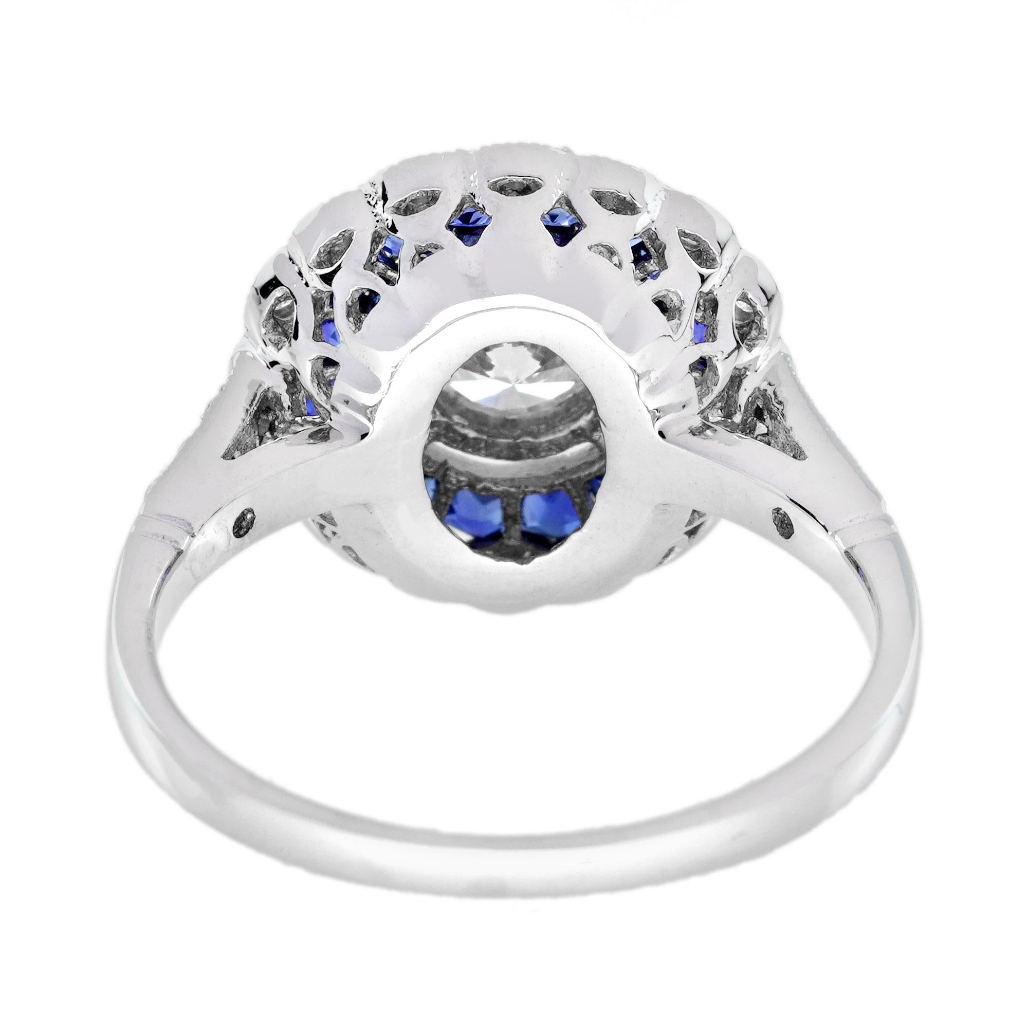 Women's 0.5 Ct Diamond Blue Sapphire Art Deco Style Engagement Ring in 18K White Gold For Sale