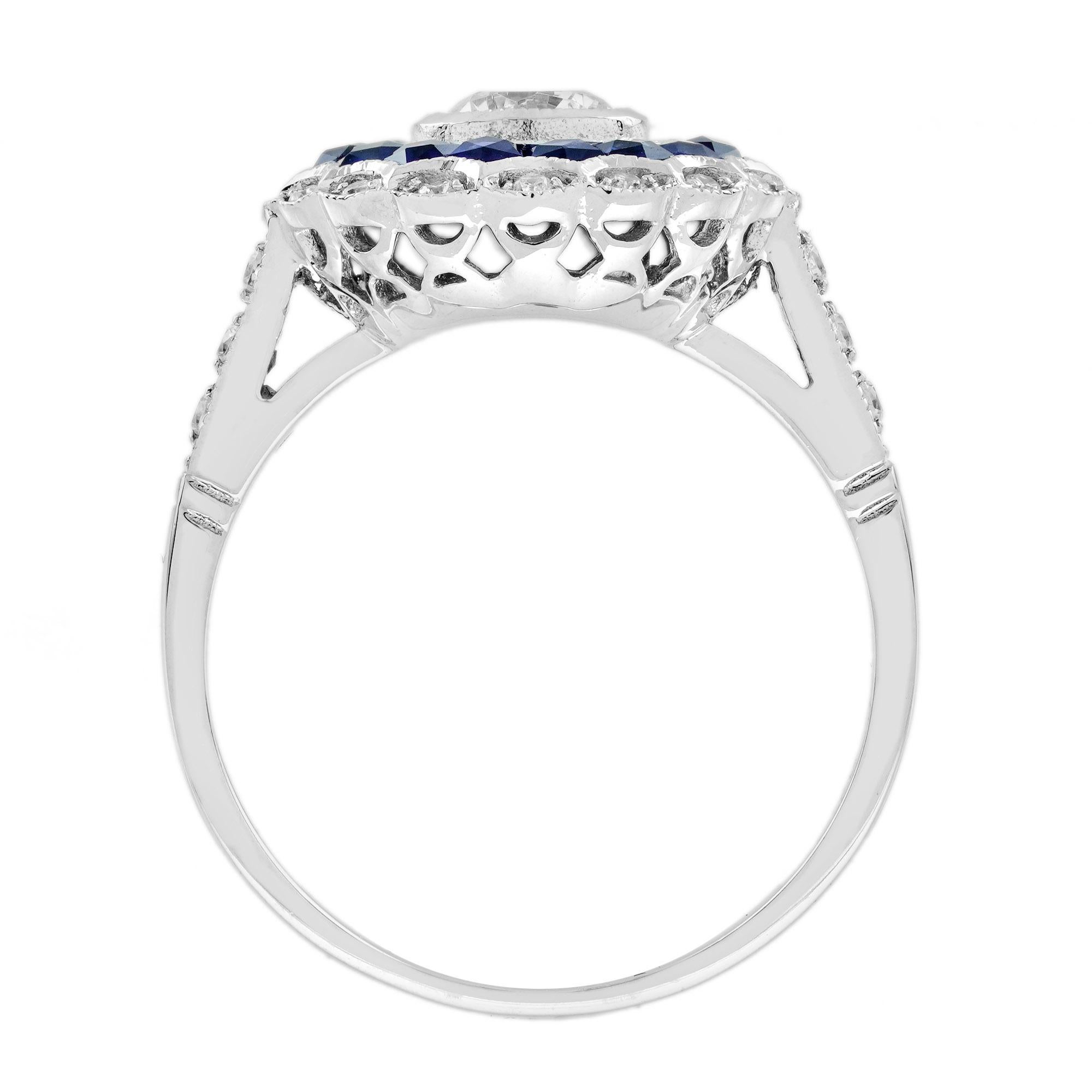 0.5 Ct Diamond Blue Sapphire Art Deco Style Engagement Ring in 18K White Gold For Sale 1