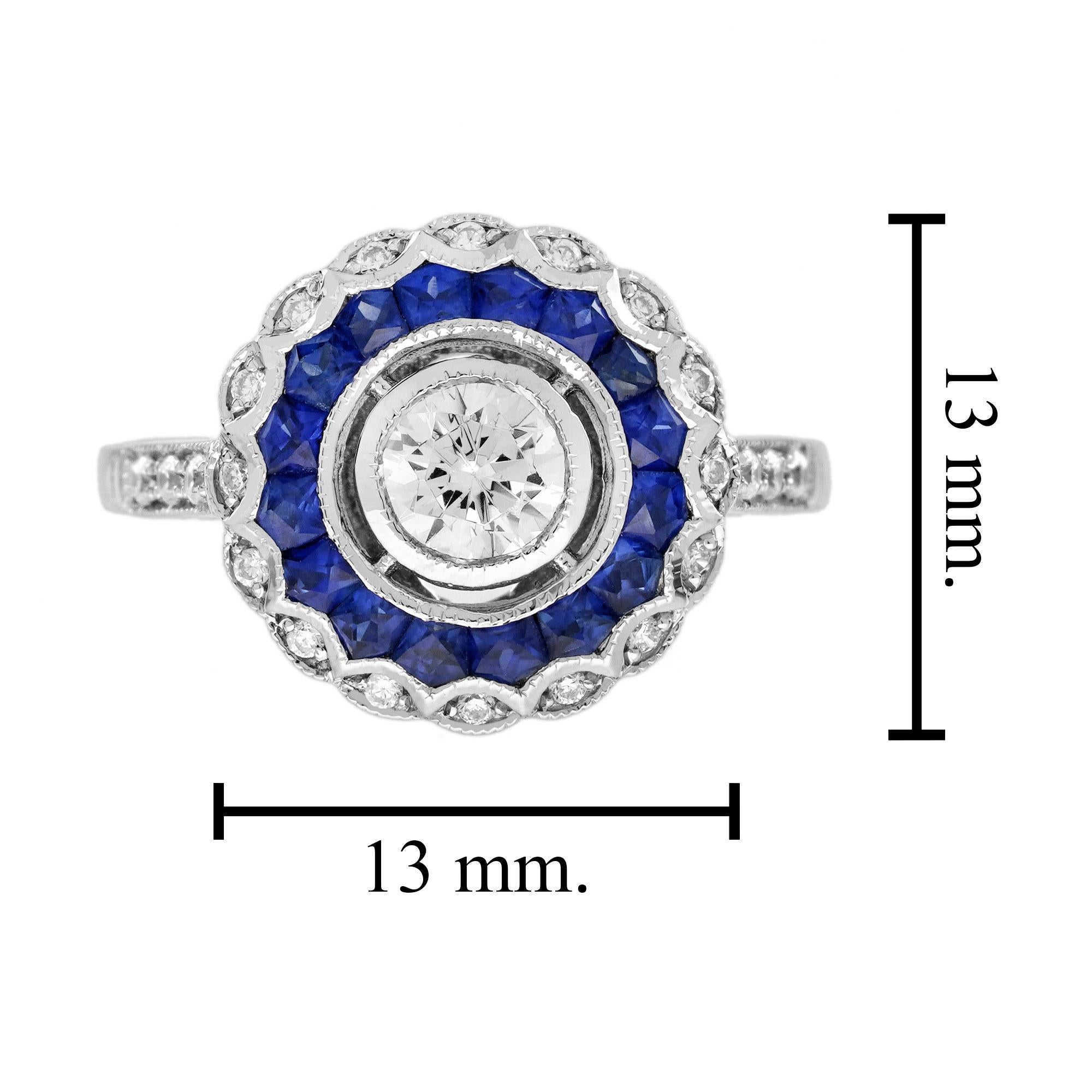 0.5 Ct Diamond Blue Sapphire Art Deco Style Engagement Ring in 18K White Gold For Sale 2