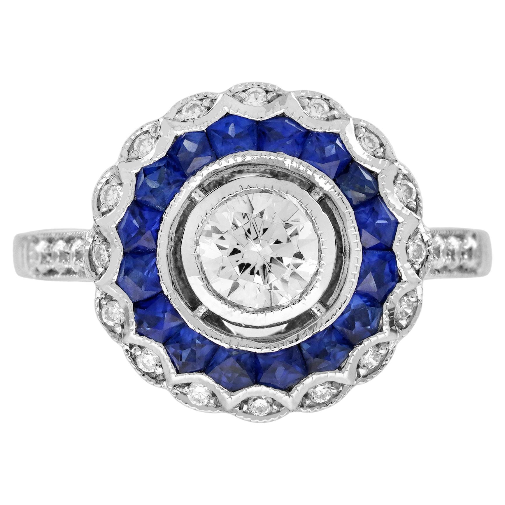 0.5 Ct Diamond Blue Sapphire Art Deco Style Engagement Ring in 18K White Gold For Sale
