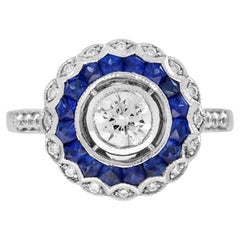 0.5 Ct Diamond Blue Sapphire Art Deco Style Engagement Ring in 18K White Gold
