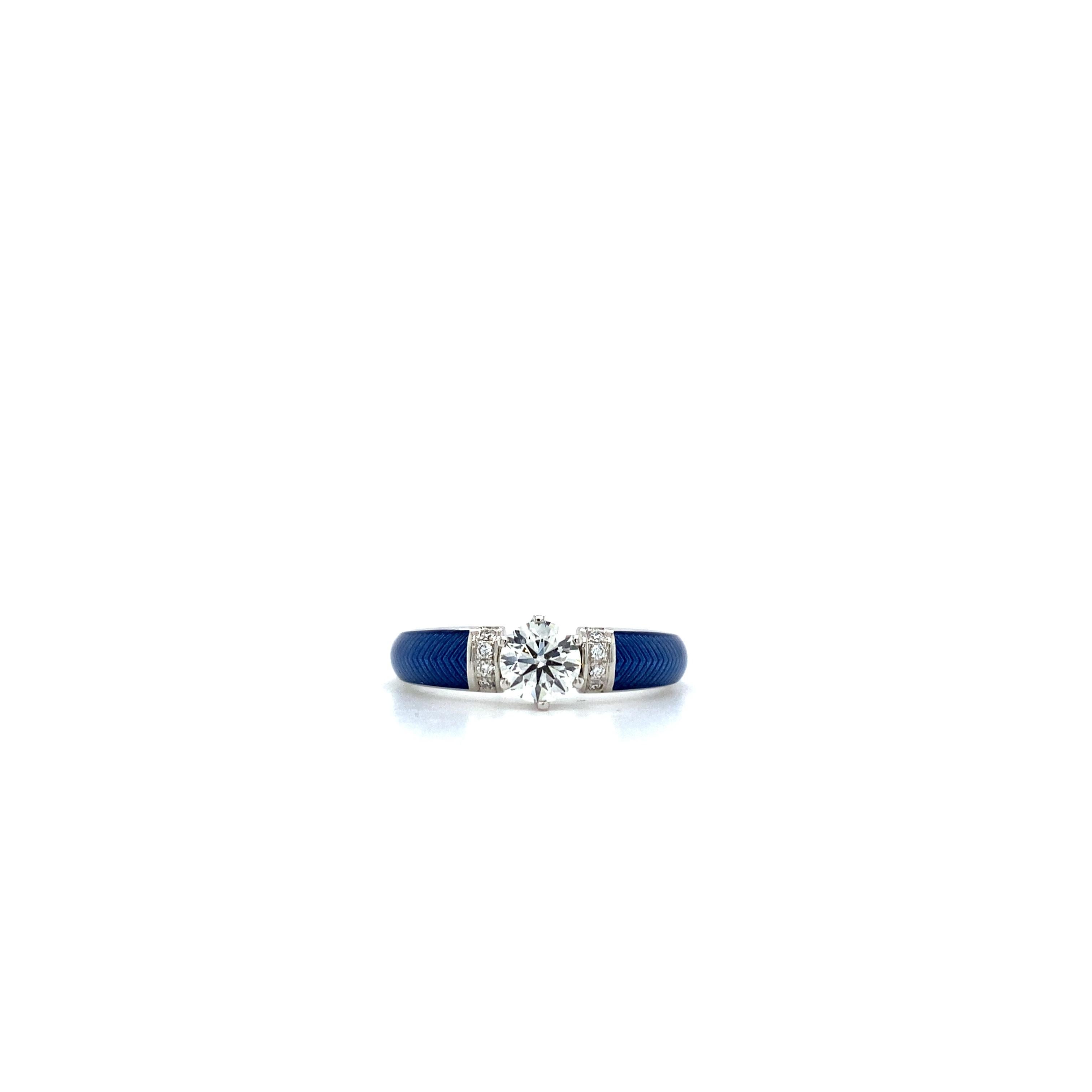 Im Angebot: 0,5 Karat Diamant Solitär Emaille-Ring Blauer Vitreous 18k Weißgold 9 Diamanten () 3