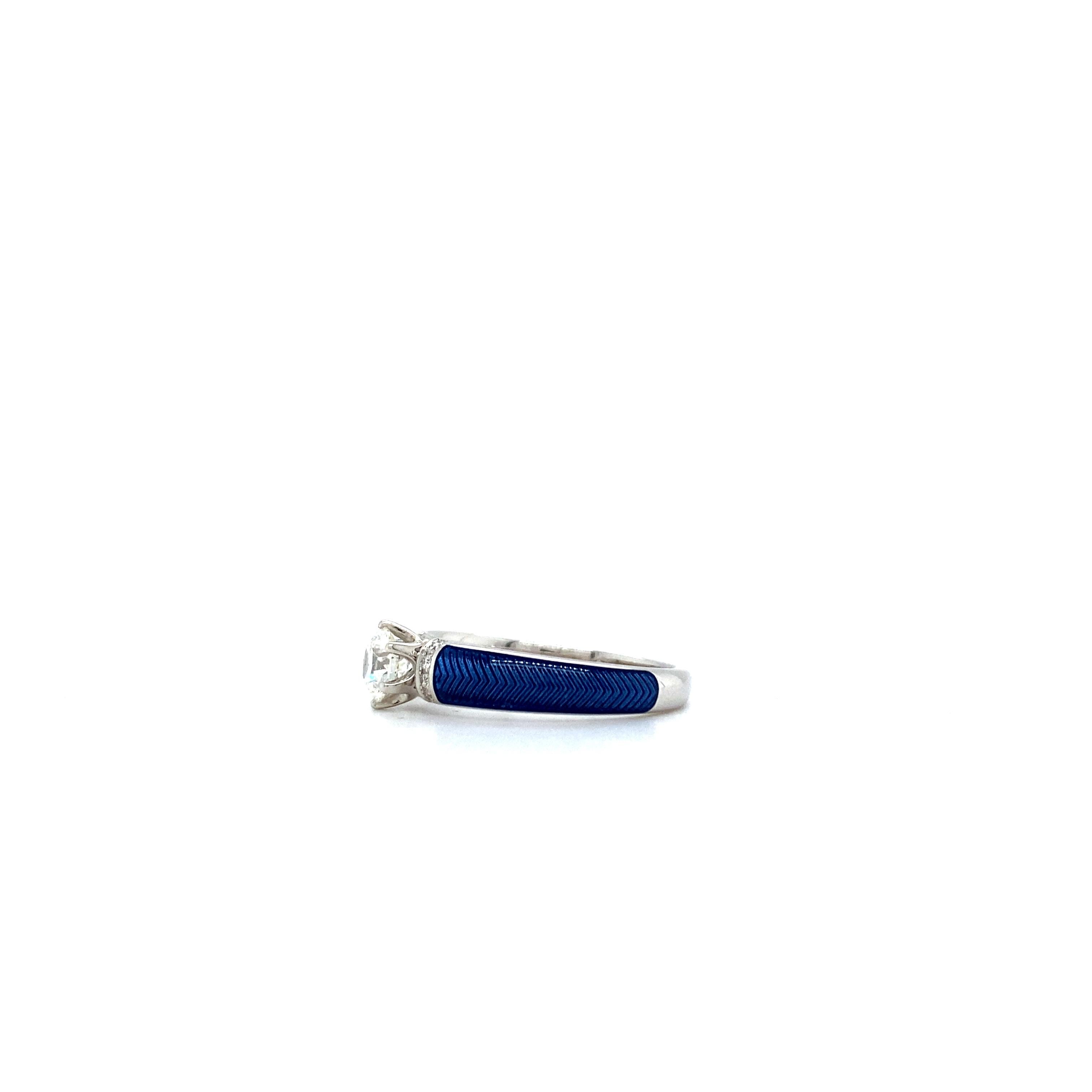 For Sale:  0.5 Ct Diamond Solitaire Enamel Ring Blue Vitreous 18k White Gold 9 Diamonds 5