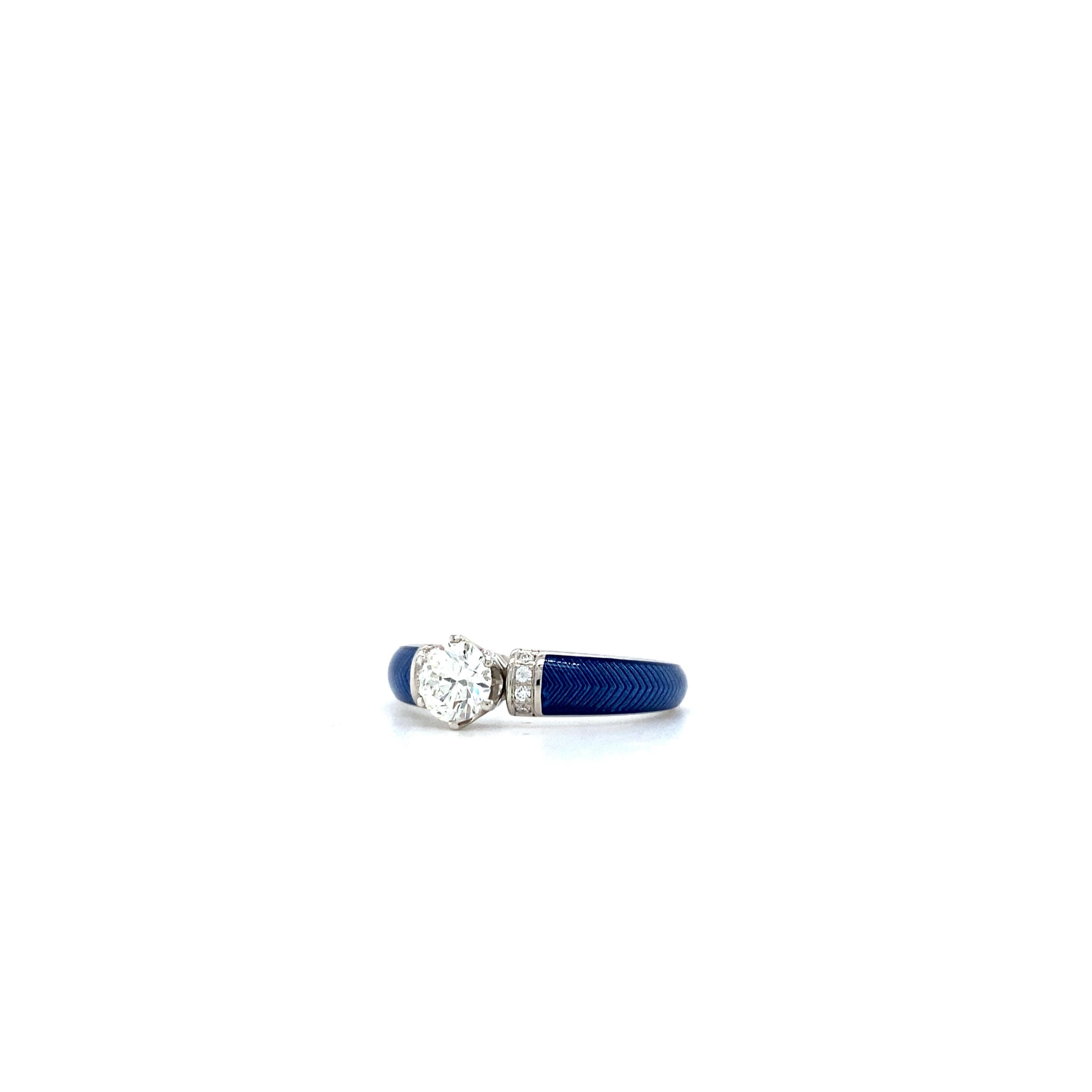Im Angebot: 0,5 Karat Diamant Solitär Emaille-Ring Blauer Vitreous 18k Weißgold 9 Diamanten () 8