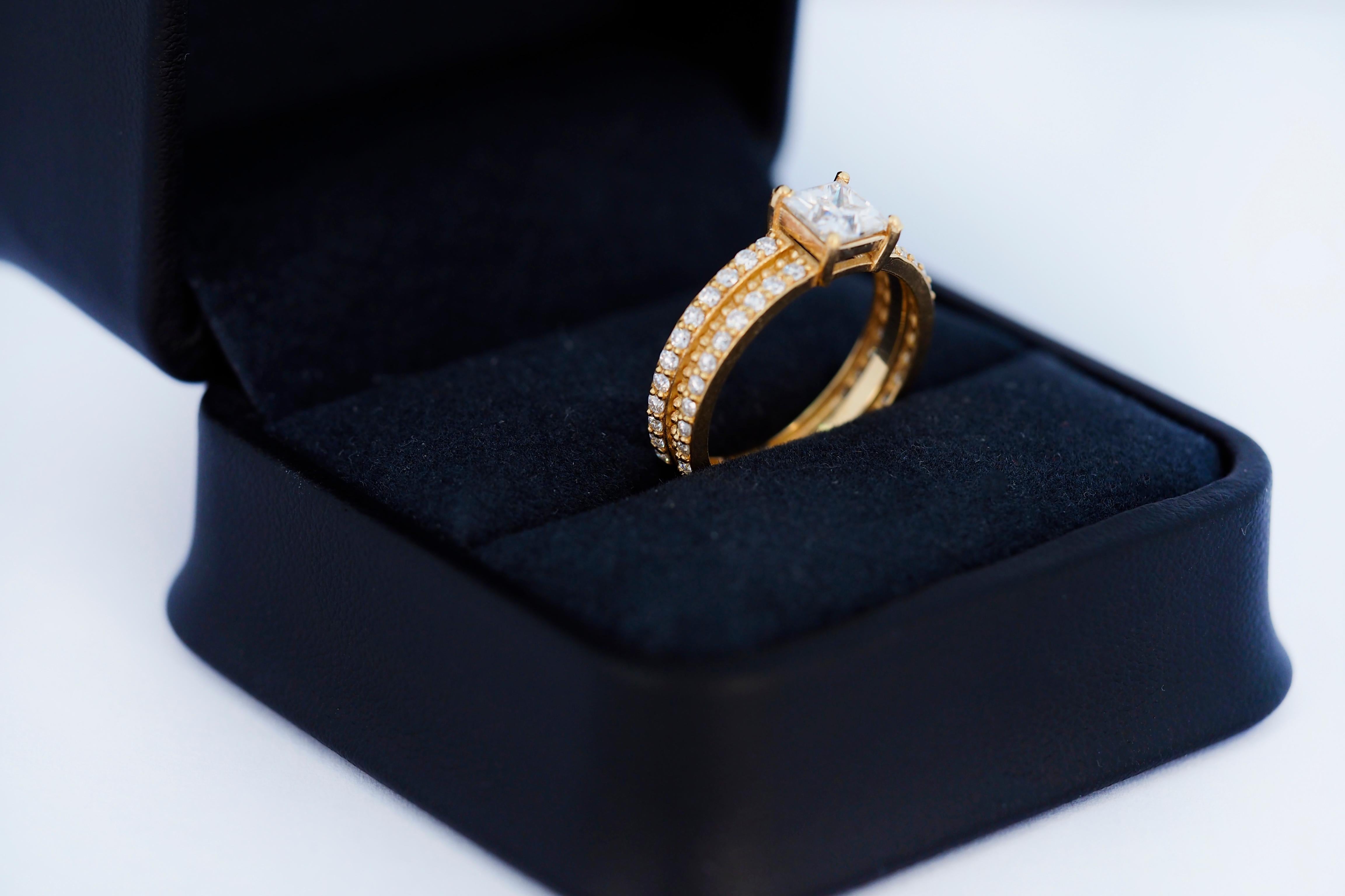 For Sale:  0.5 ct princess moissanite engagement ring in 14k gold.  2