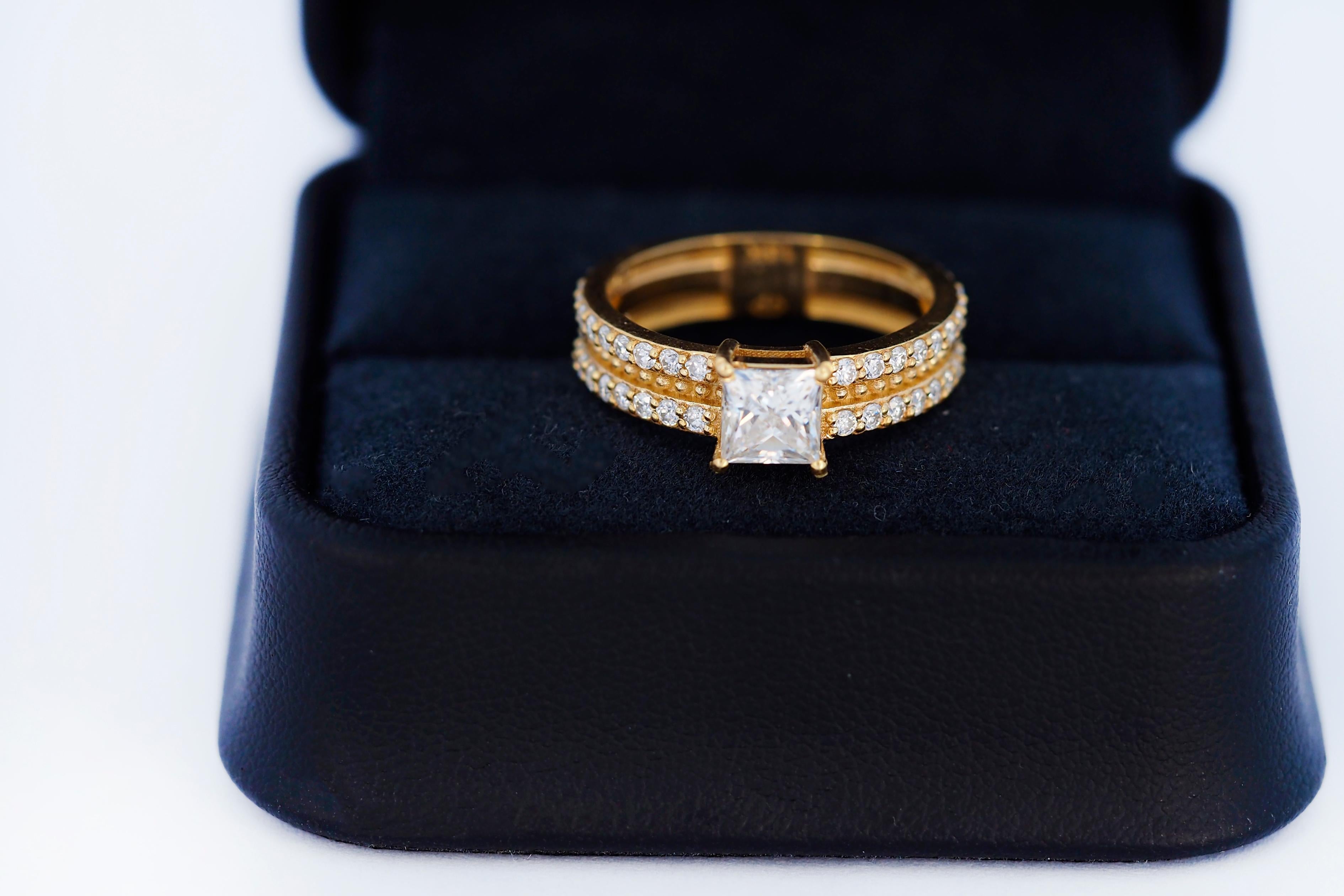 For Sale:  0.5 ct princess moissanite engagement ring in 14k gold.  3