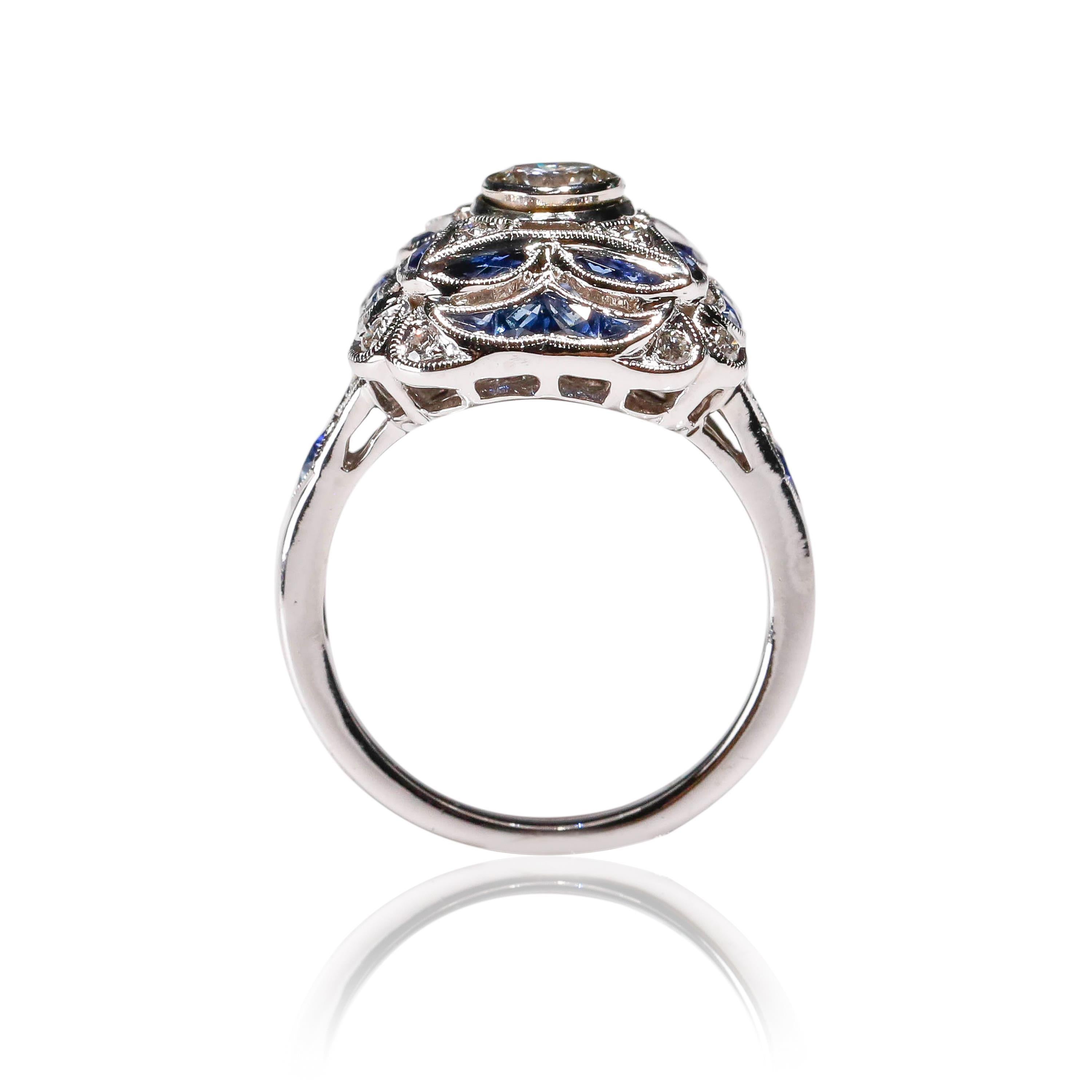 Round Cut 0.5 Carat Sapphire 0.7 Carat Diamond 18K White Gold Ring Art Deco Style For Sale