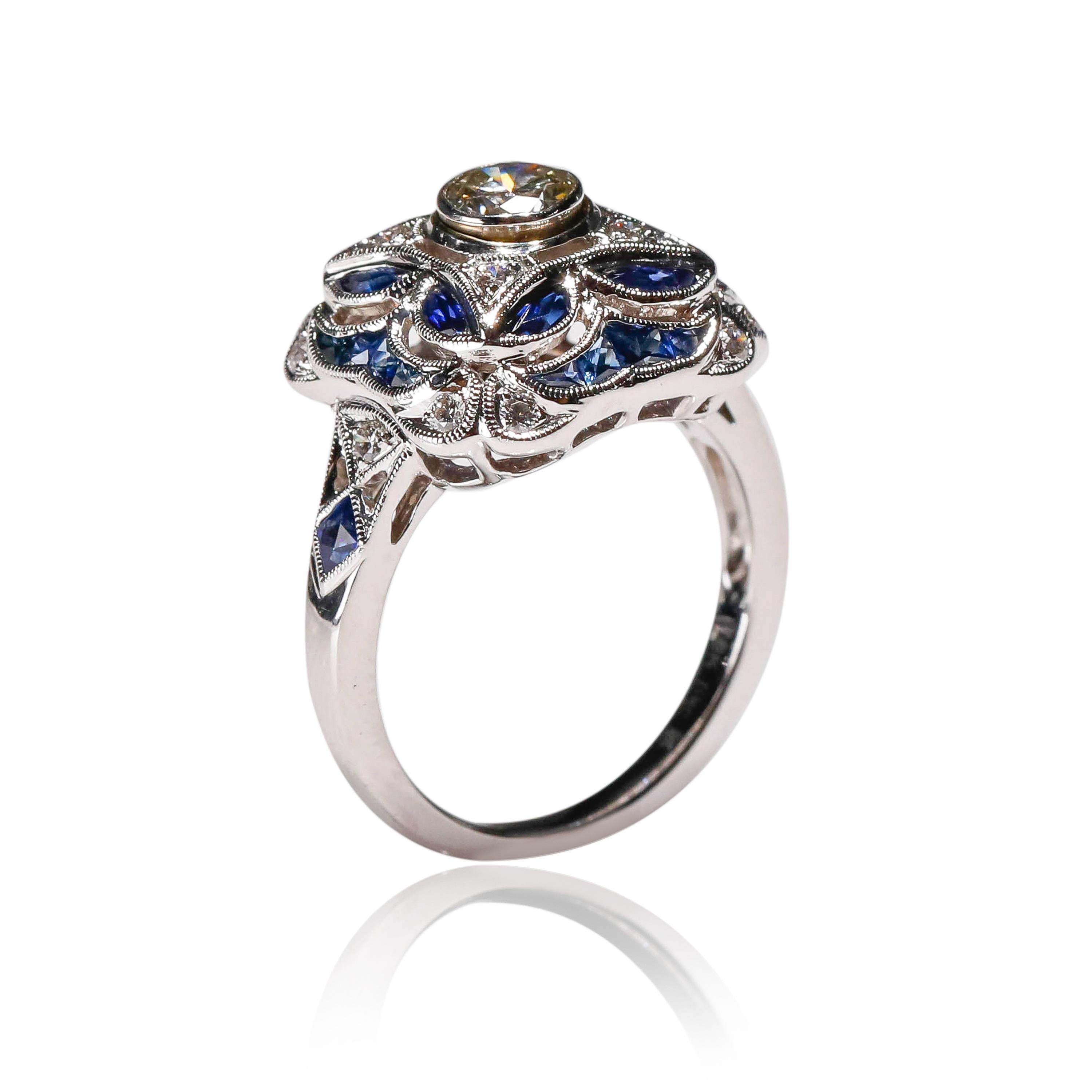 0.5 Carat Sapphire 0.7 Carat Diamond 18K White Gold Ring Art Deco Style In New Condition For Sale In New York, NY