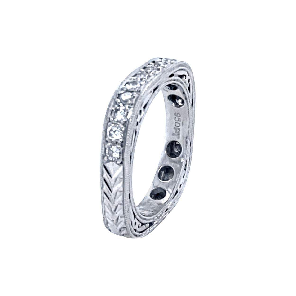 0.50 Carat Antique Style Platinum Pave Set Diamond Ring with Hand Engraving For Sale