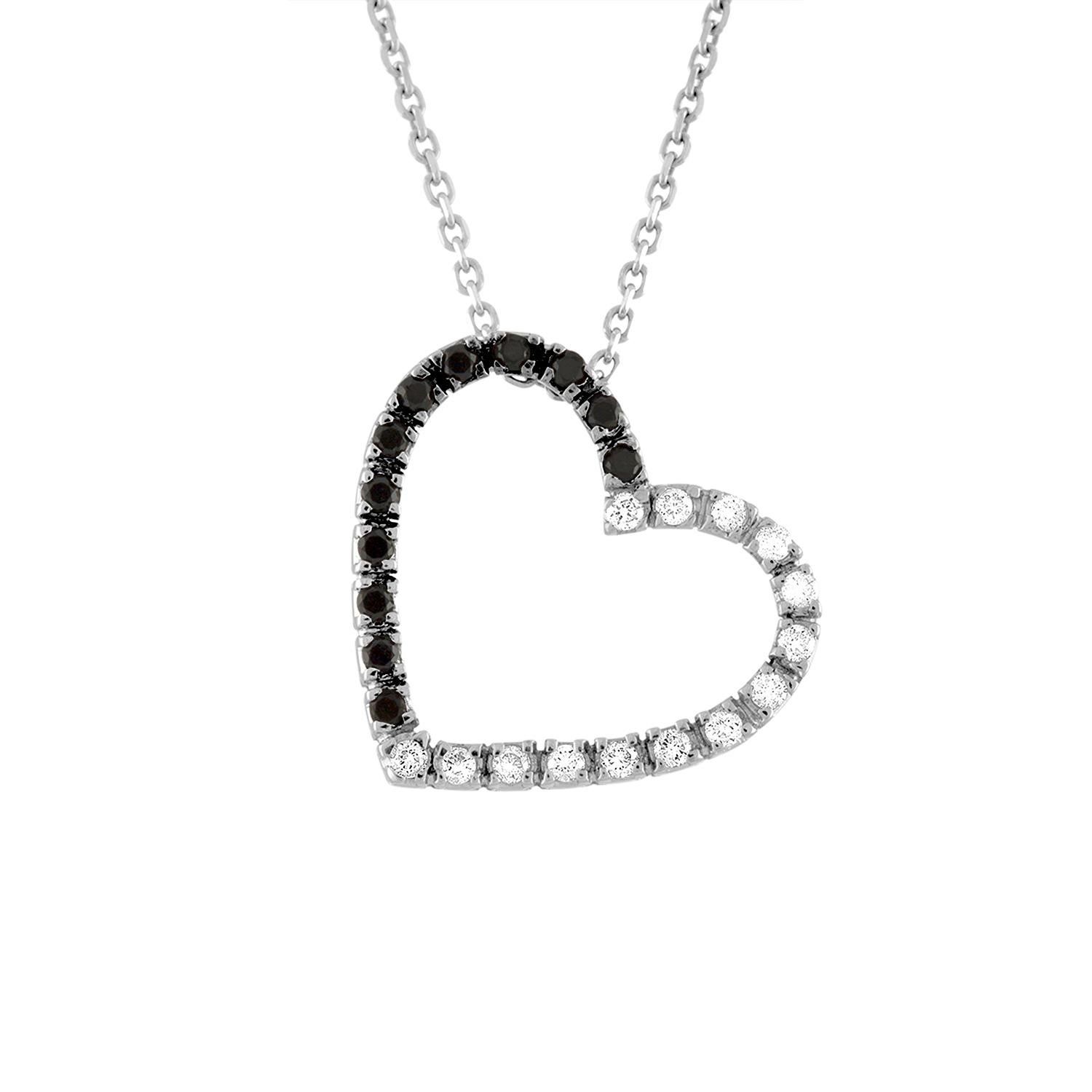 Round Cut 0.50 Carat Black and White Diamond Gold Heart Pendant Necklace For Sale