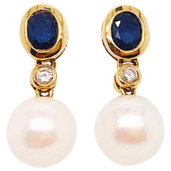 0.50 Carat Blue Sapphire, Diamond and Pearl Earring Drops in 14 Karat Gold