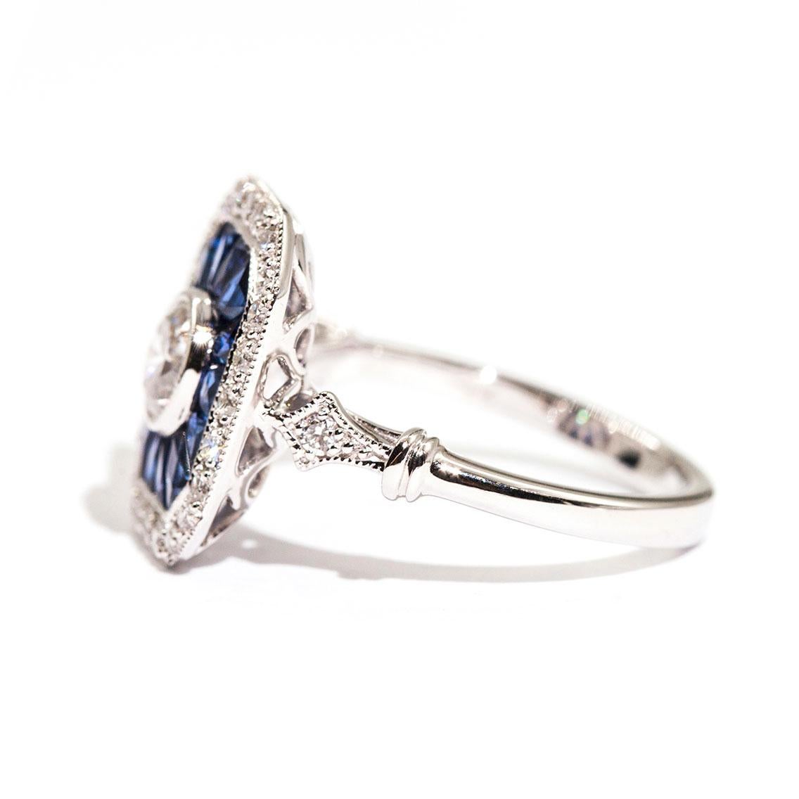 0.50 Carat Certified Diamond and Blue Sapphire 18 Carat White Gold Ring In New Condition In Hamilton, AU