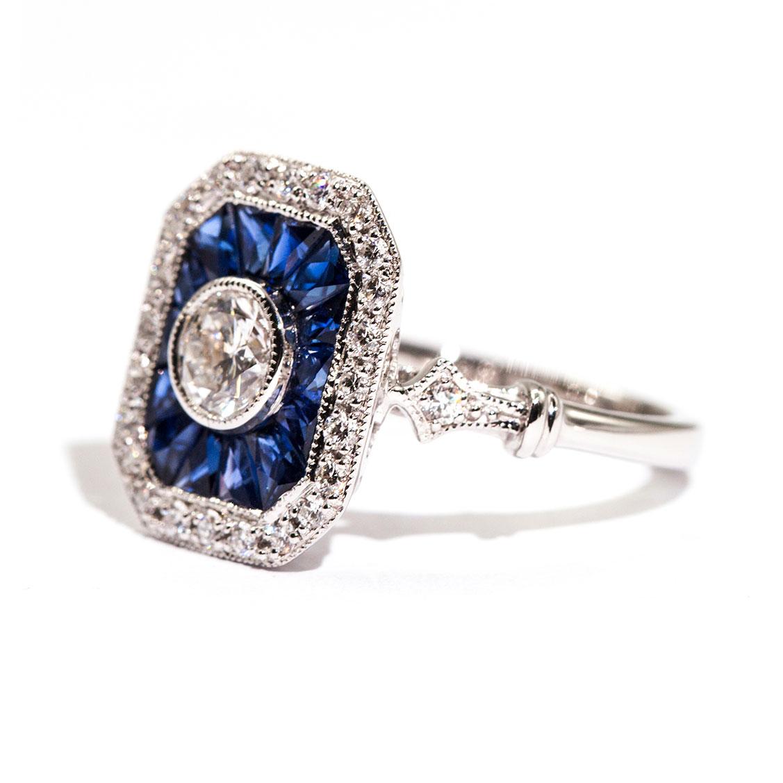 Women's 0.50 Carat Certified Diamond and Blue Sapphire 18 Carat White Gold Ring